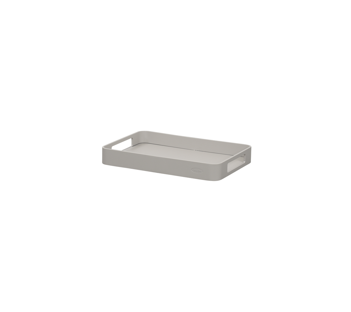 Bandeja rectangular gris con bordes elevados y asas, diseñada para sostener y organizar objetos.