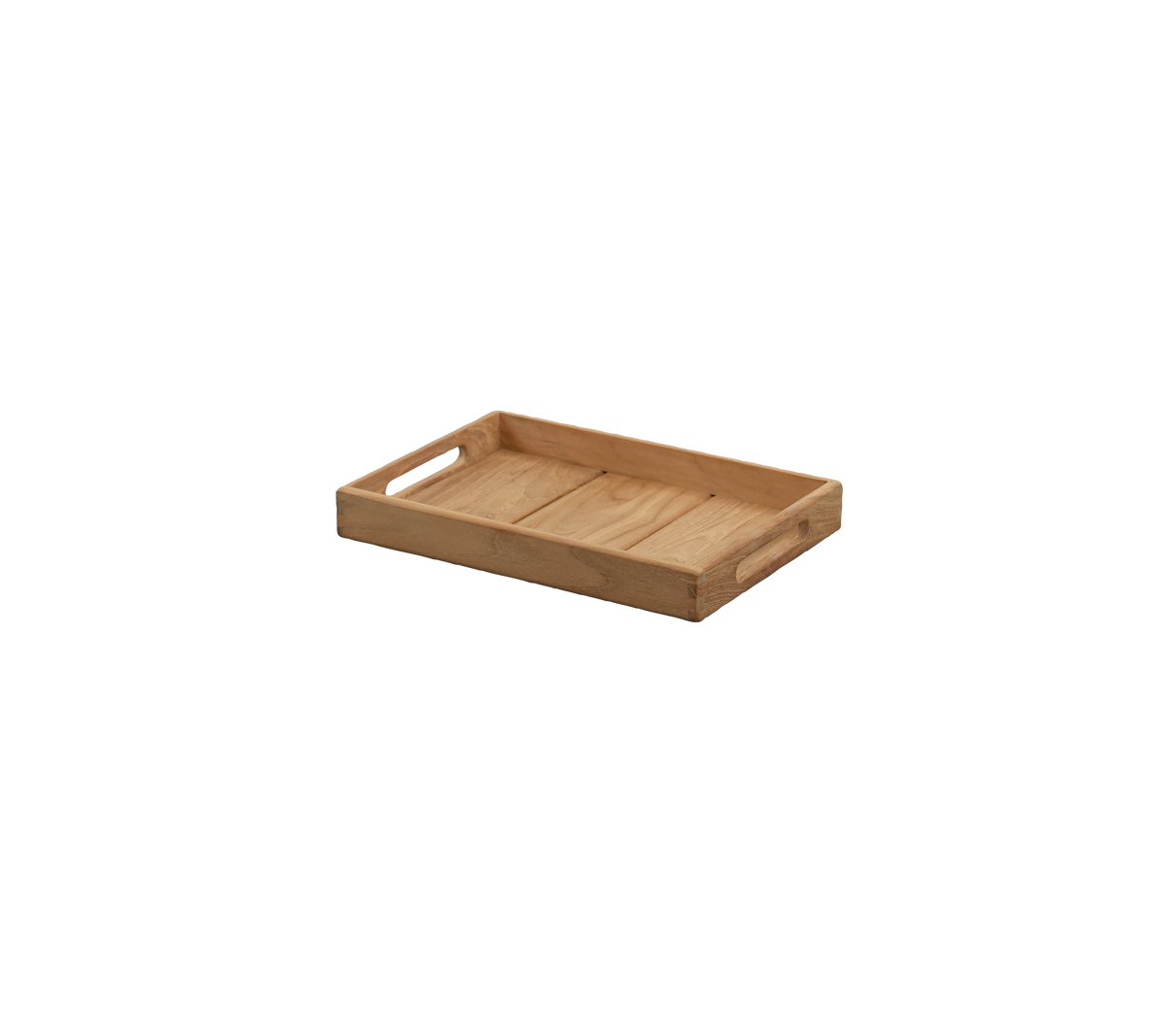 Bandeja rectangular de teca con lados manejables.