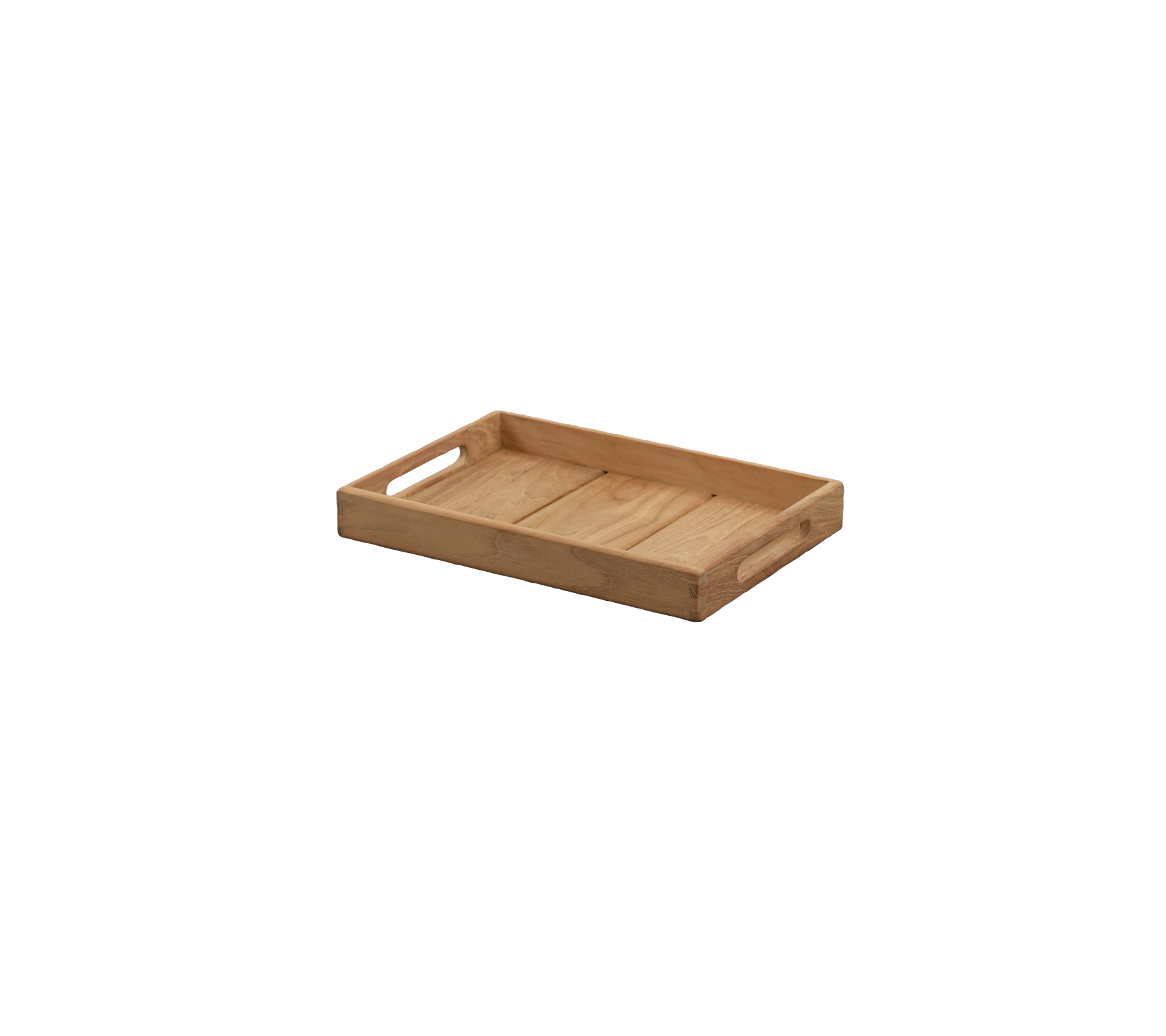Bandeja rectangular de teca con lados manejables.
