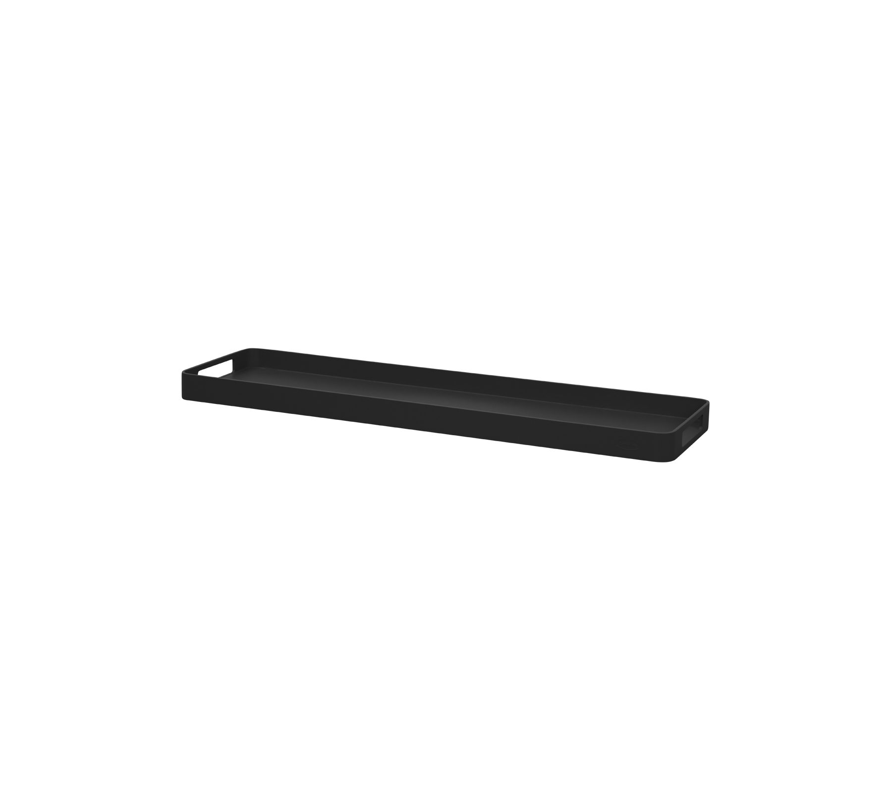 Bandeja rectangular negra con bordes bajos, adecuada para organizar artículos o servir.