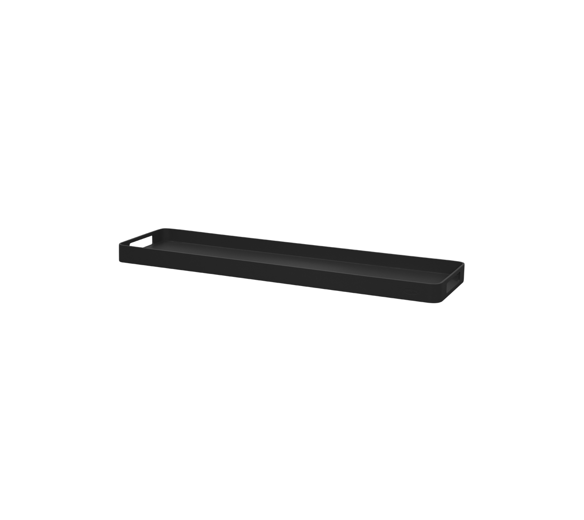 Bandeja rectangular negra con bordes bajos, adecuada para organizar artículos o servir.