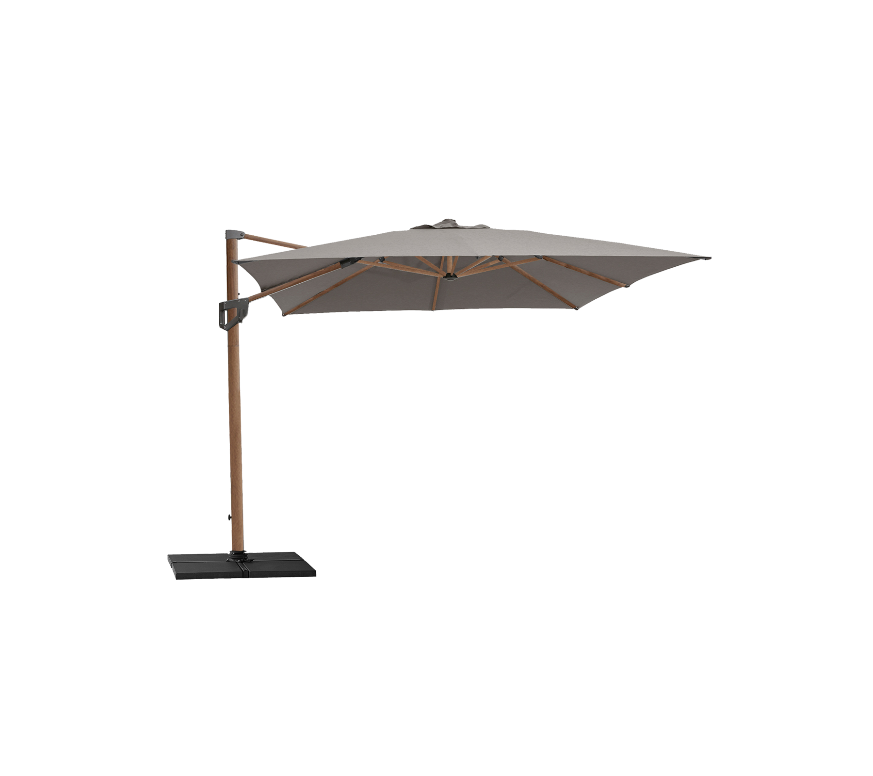 Paraguas elegante con una cubierta beige y marco de madera, sostenido por una base negra resistente, perfecto para crear sombra y realzar los espacios al aire libre.