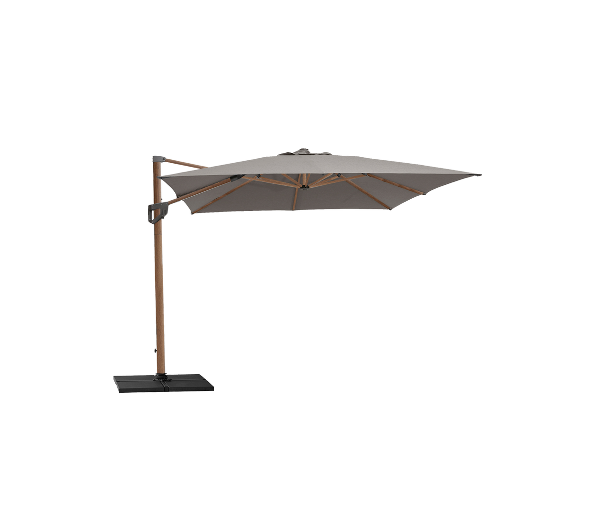 Paraguas elegante con una cubierta beige y marco de madera, sostenido por una base negra resistente, perfecto para crear sombra y realzar los espacios al aire libre.