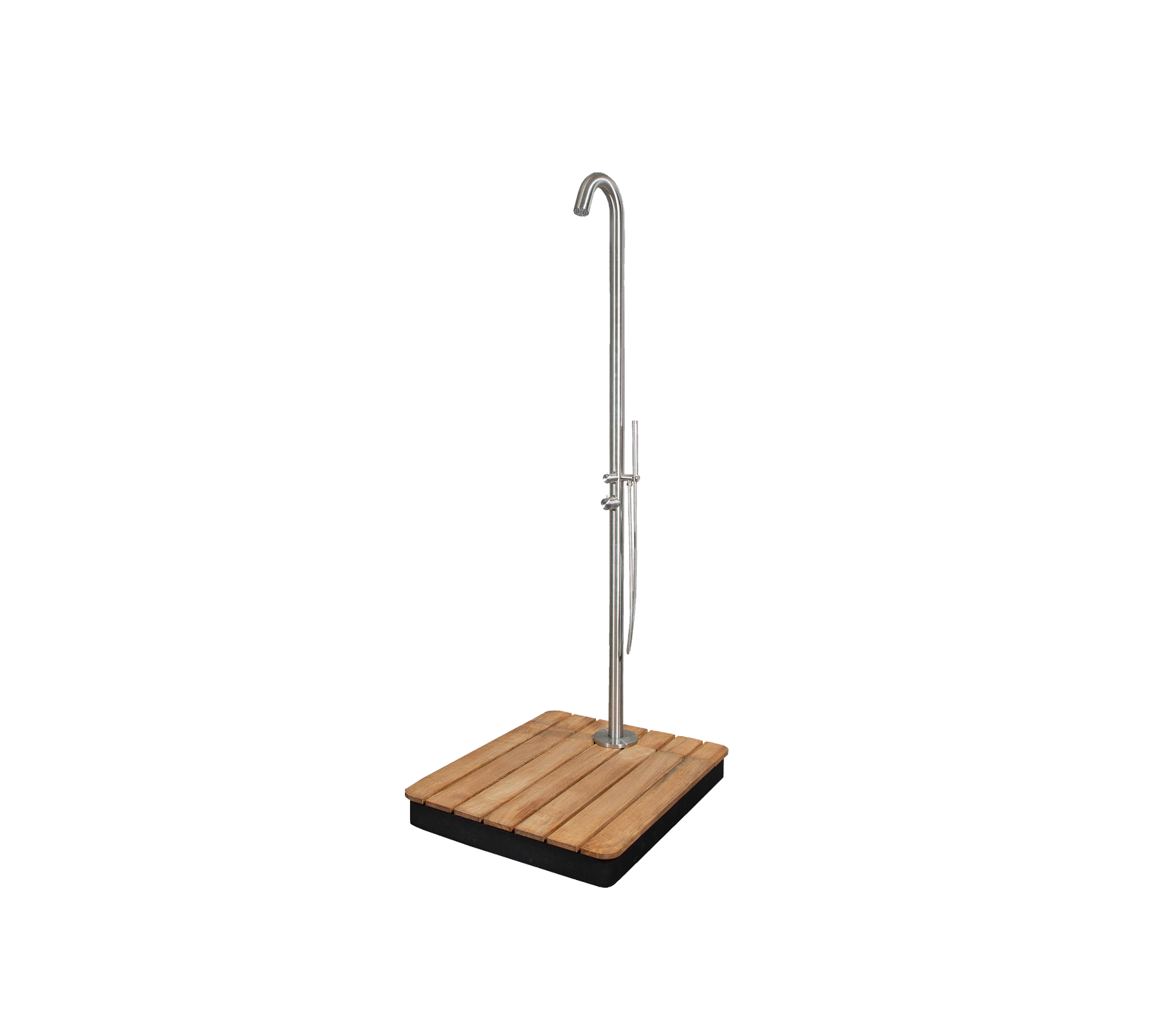 Ducha exterior elegante con un diseño estilizado, que presenta una base resistente y un cabezal de ducha alto y curvado para una apariencia elegante.