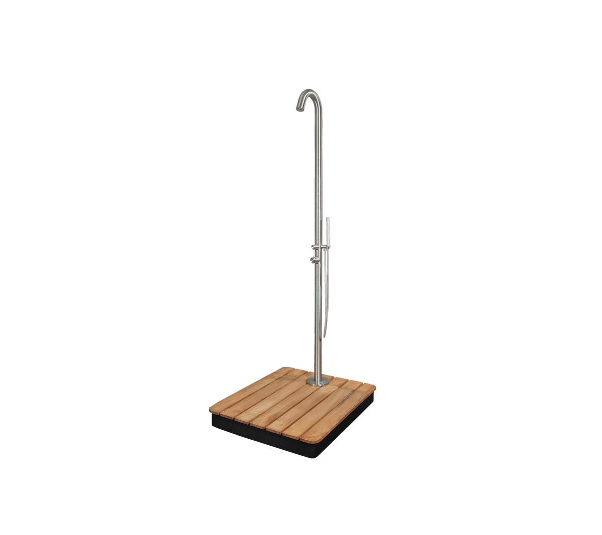 Ducha exterior elegante con un diseño estilizado, que presenta una base resistente y un cabezal de ducha alto y curvado para una apariencia elegante.