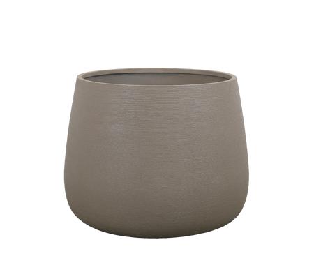 Maceta redonda taupe con un acabado suave.