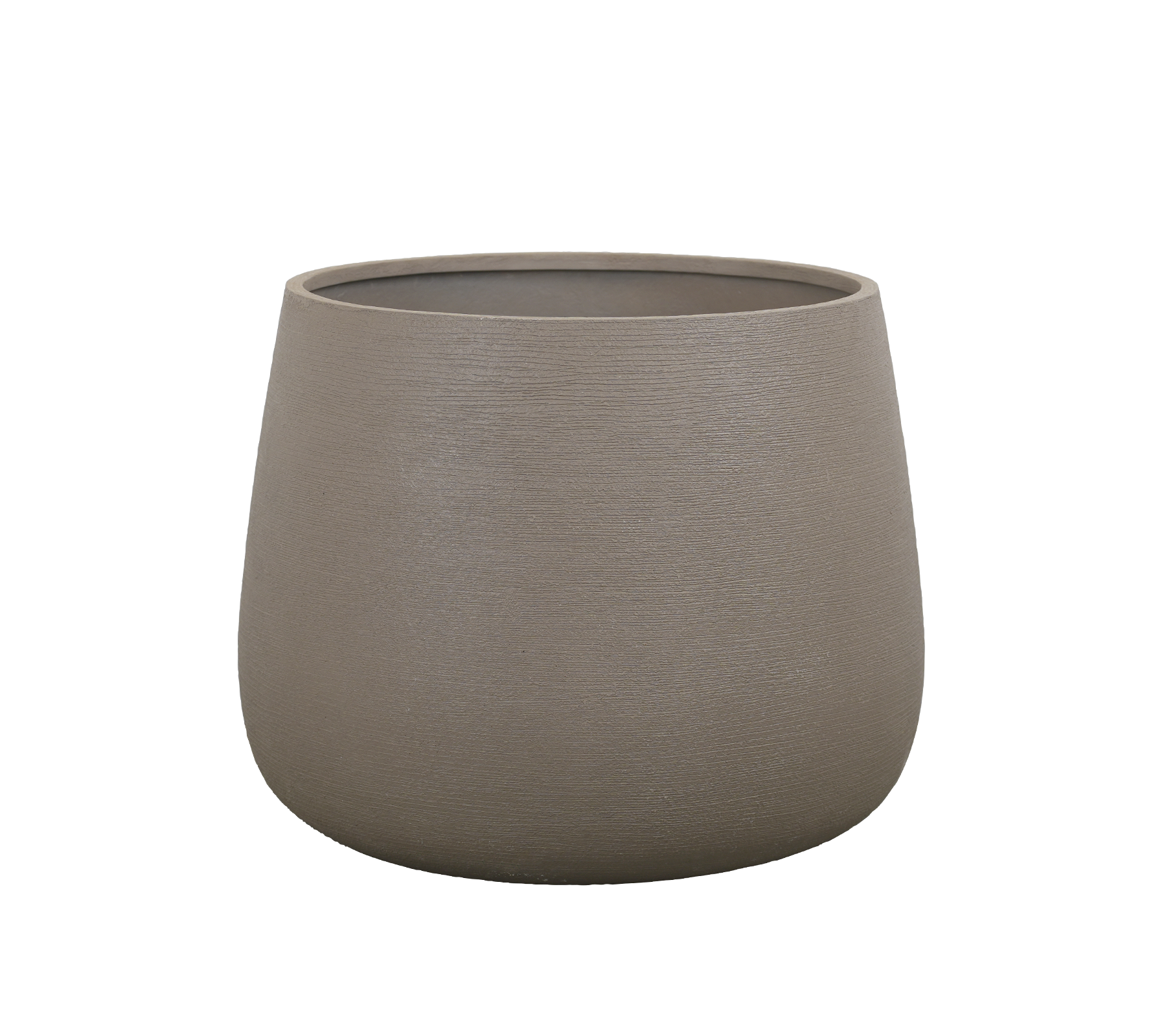 Maceta redonda taupe con un acabado suave.