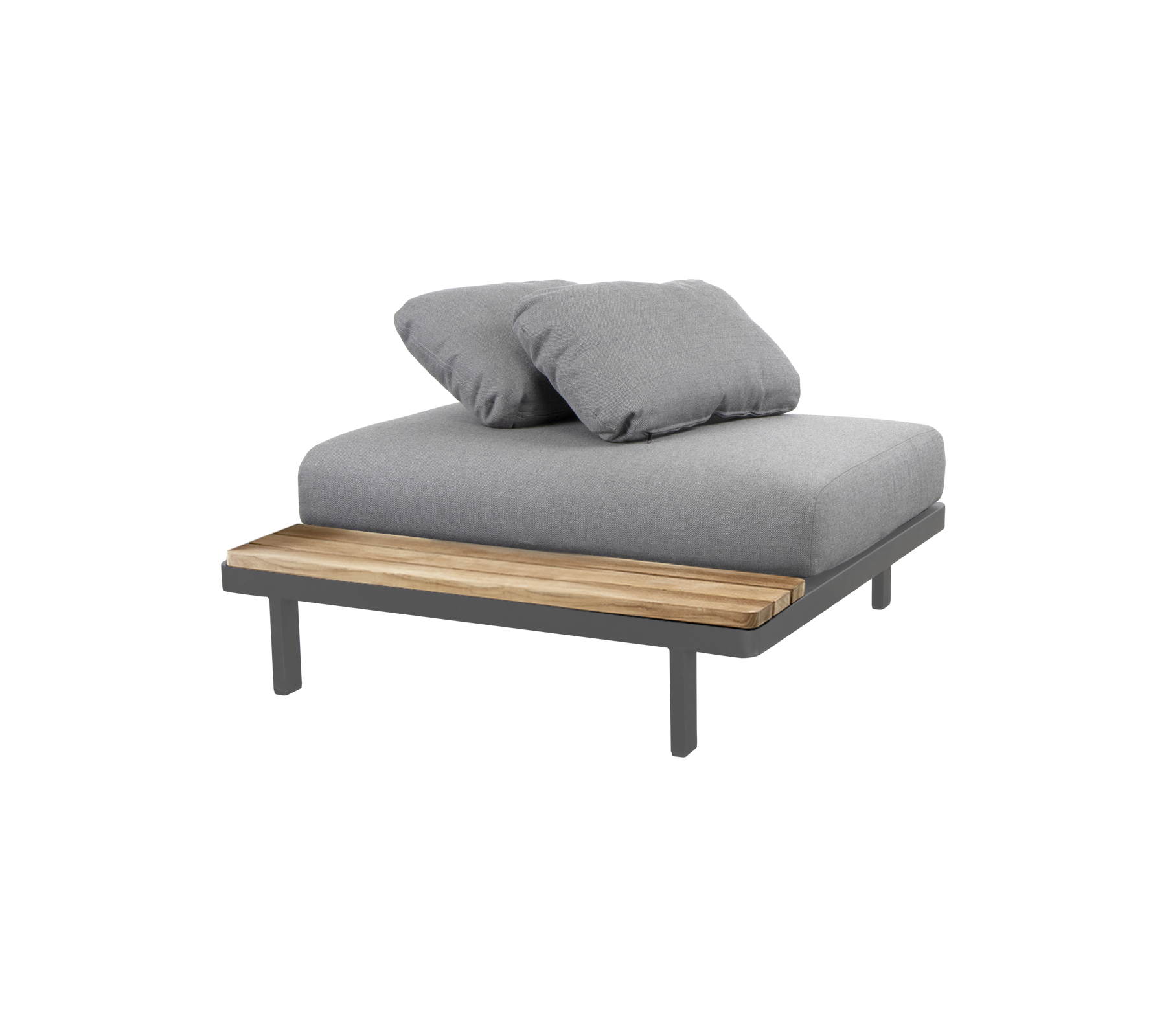 Asientos de salón elegantes con una superficie gris acolchada y un acento de madera, perfectos para relajarse y disfrutar de la comodidad.