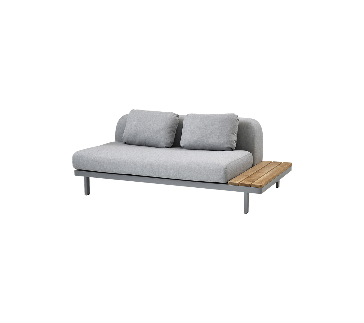 Sofá moderno con un diseño elegante, que cuenta con tapicería de gris suave y una mesa de madera para mayor funcionalidad.