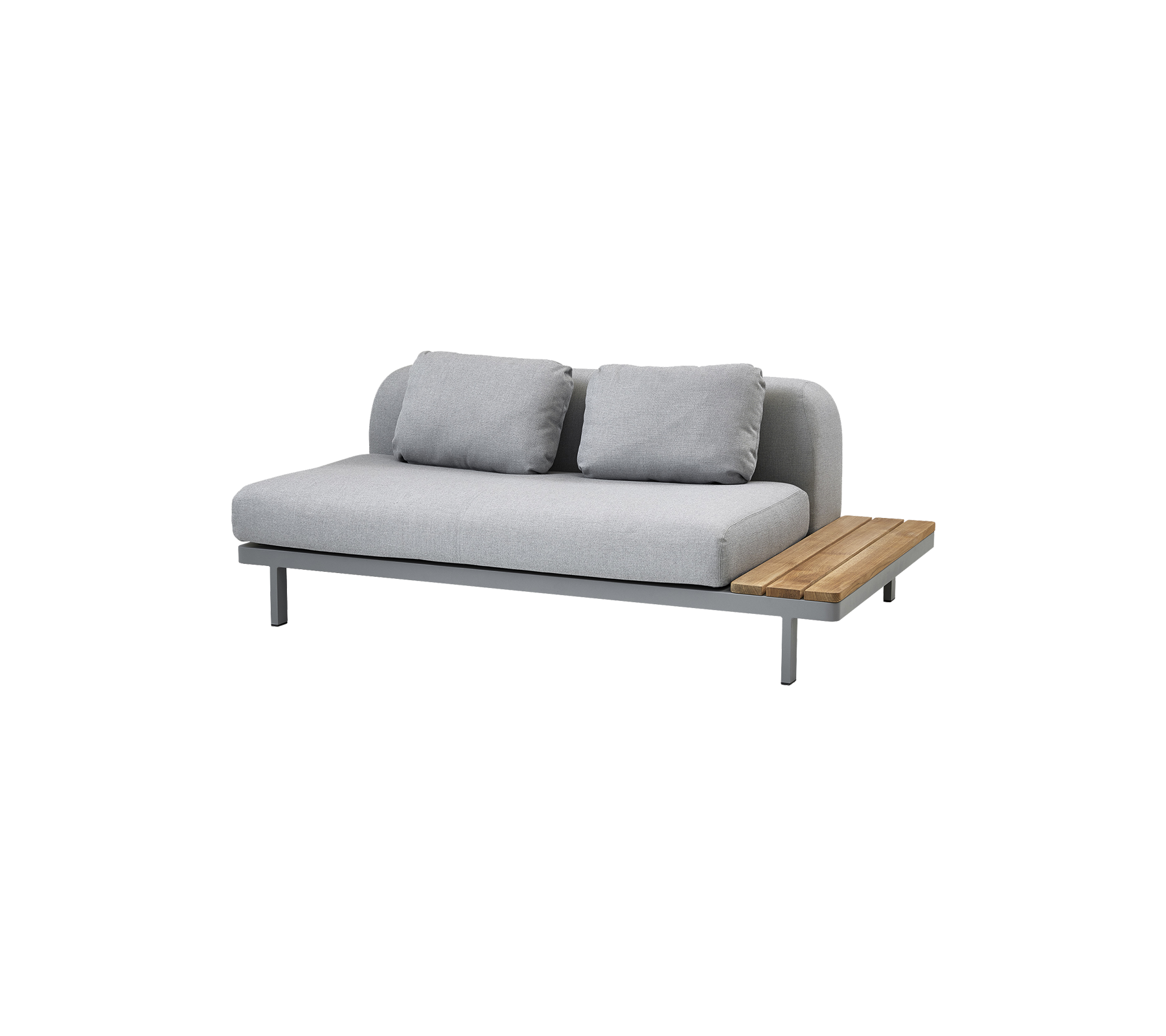 Sofá moderno con un diseño elegante, que cuenta con tapicería de gris suave y una mesa de madera para mayor funcionalidad.