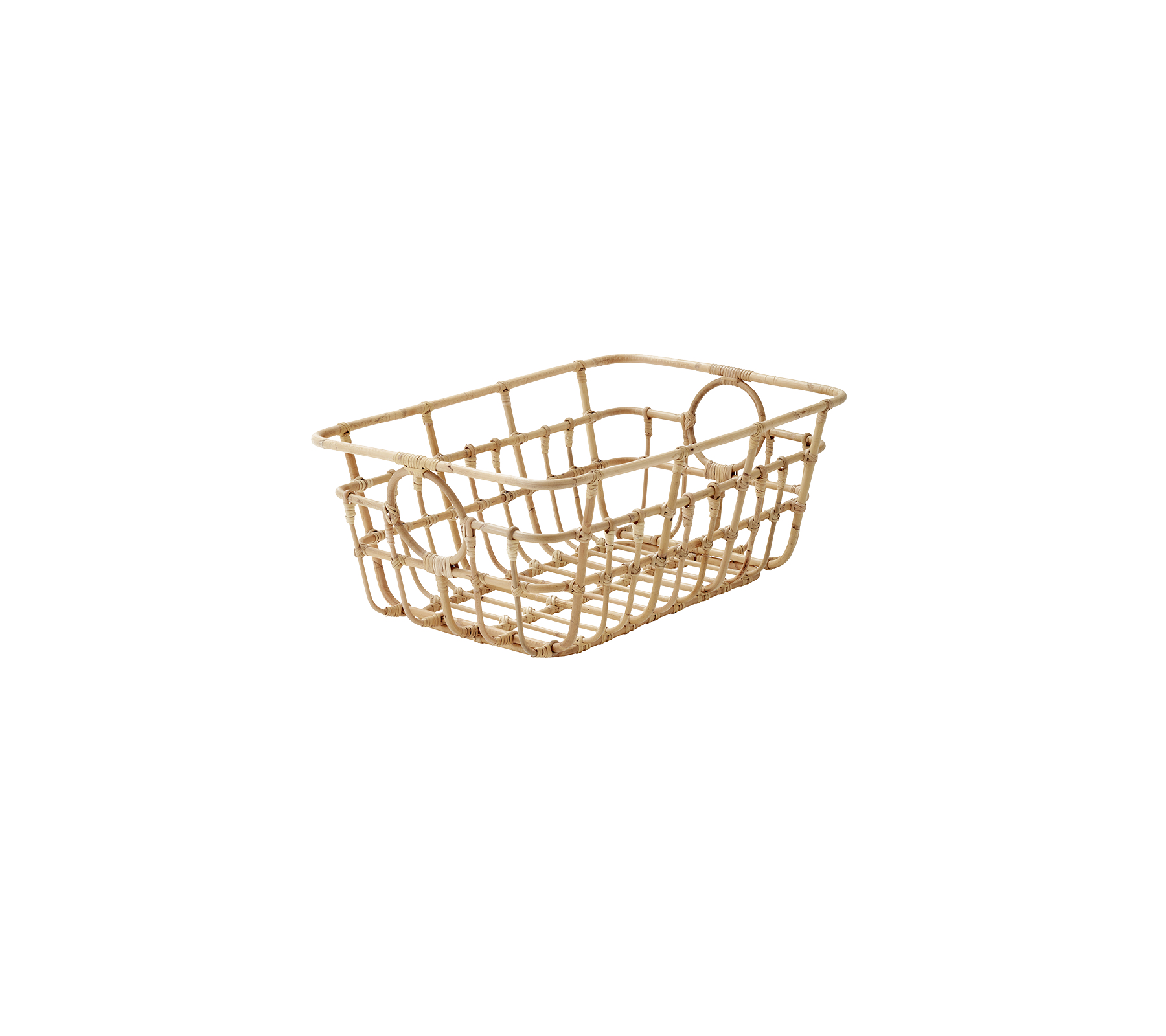 Una cesta de almacenamiento de madera ligera con un diseño abierto, ideal para organizar pequeños objetos o como un recipiente decorativo.