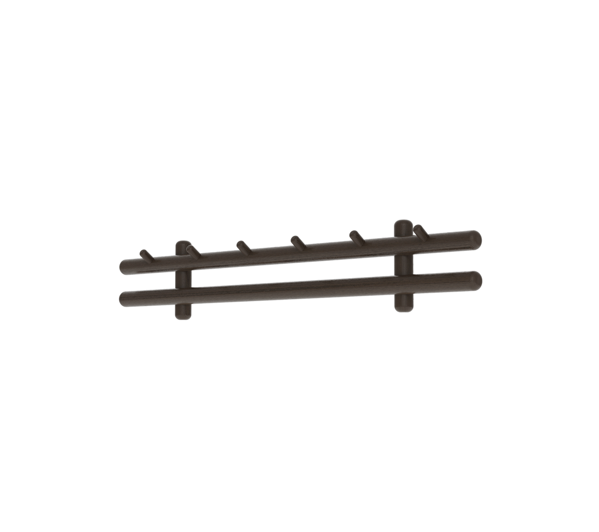 Perchero de pared marrón oscuro con múltiples ganchos para colgar artículos.