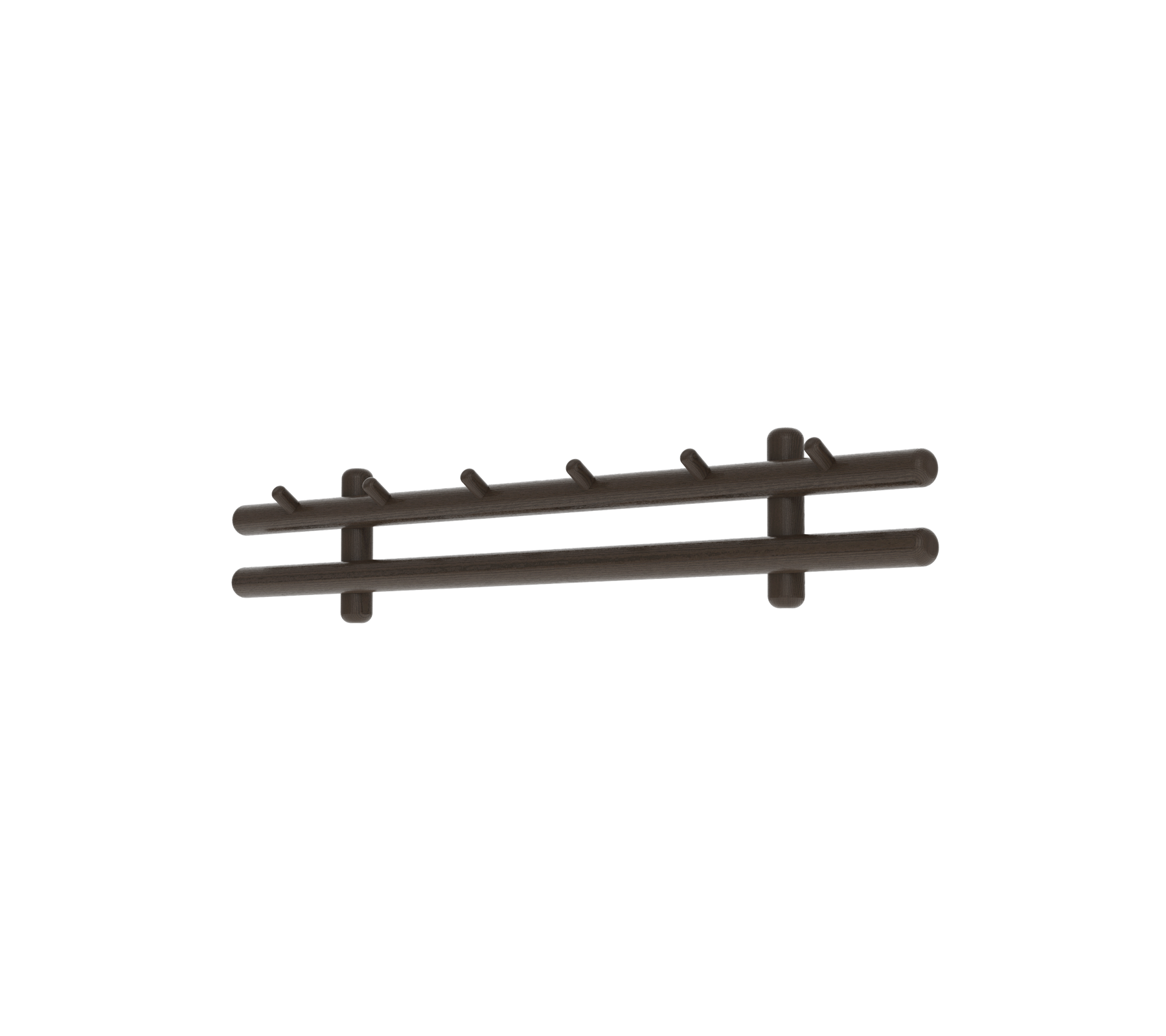 Perchero de pared marrón oscuro con múltiples ganchos para colgar artículos.