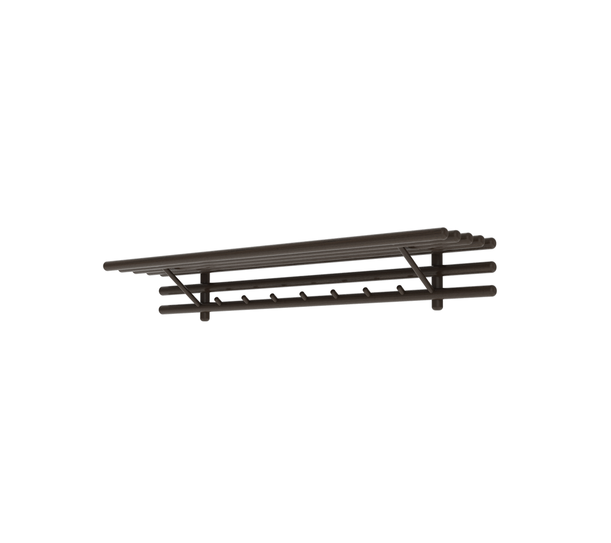Una estantería de pared de madera oscura y elegante con múltiples ganchos, perfecta para organizar y exhibir artículos con estilo.