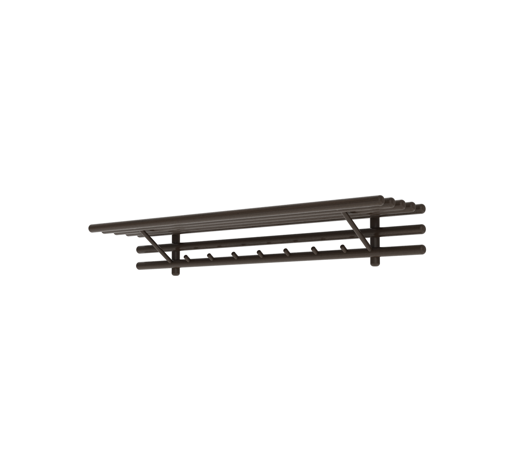 Una estantería de pared de madera oscura y elegante con múltiples ganchos, perfecta para organizar y exhibir artículos con estilo.