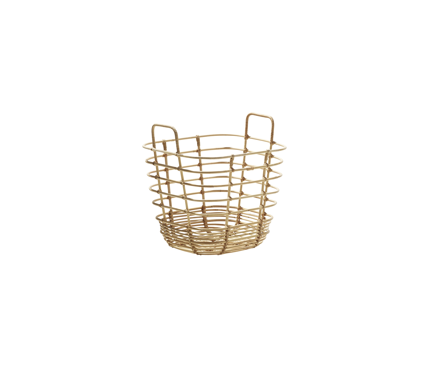 Cesta de almacenamiento tejida con asas, con un diseño circular y un tejido abierto para versatilidad y estilo.