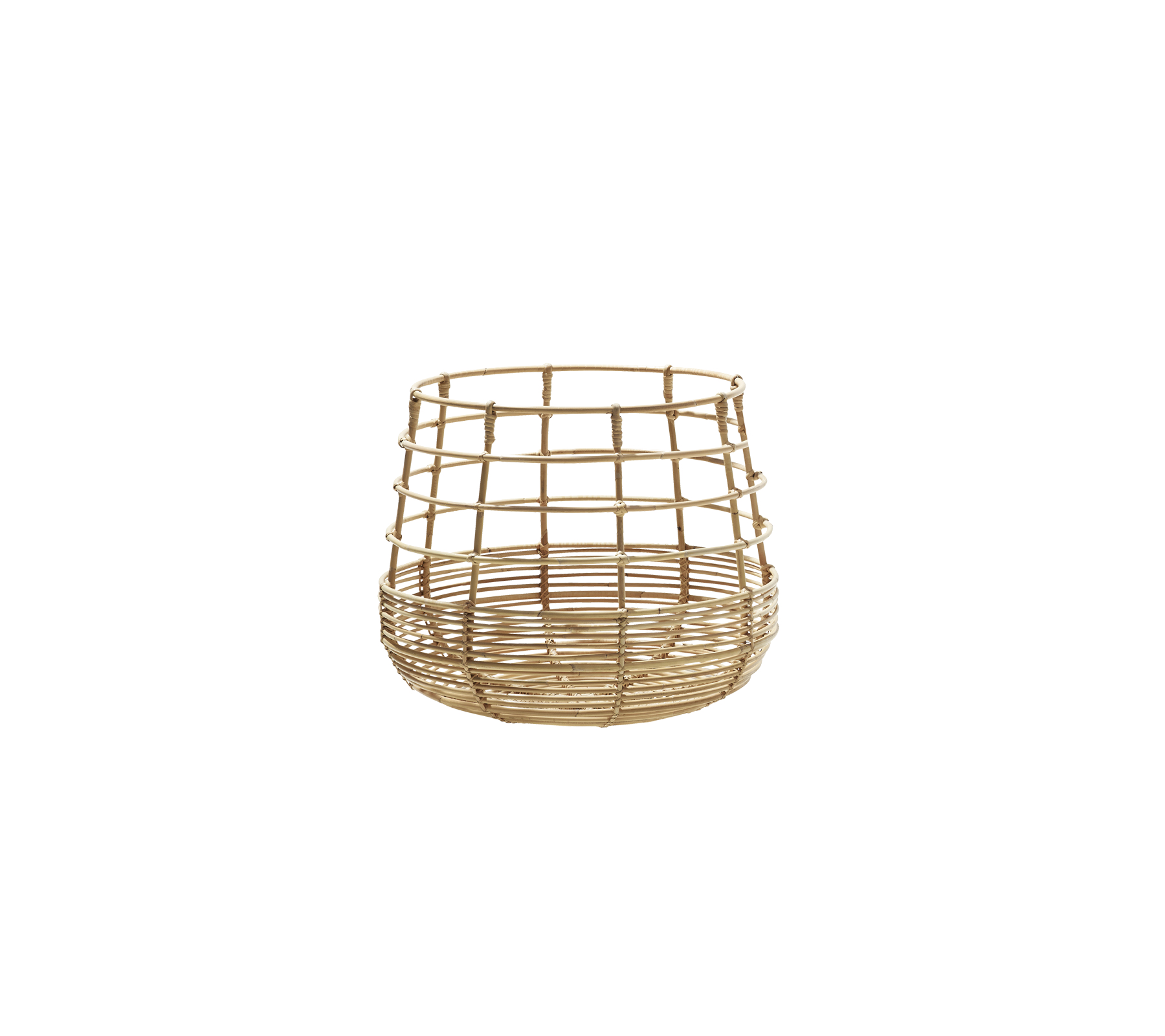 Cesta redonda trenzada con acabado natural, que presenta un patrón de cuadrícula para un almacenamiento y organización elegantes.