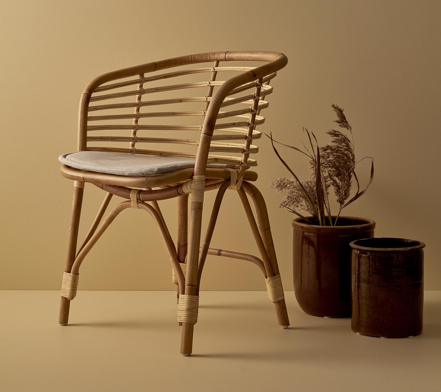 Una silla de ratán elegante con un asiento acolchado, acompañada de dos macetas decorativas con plantas secas.