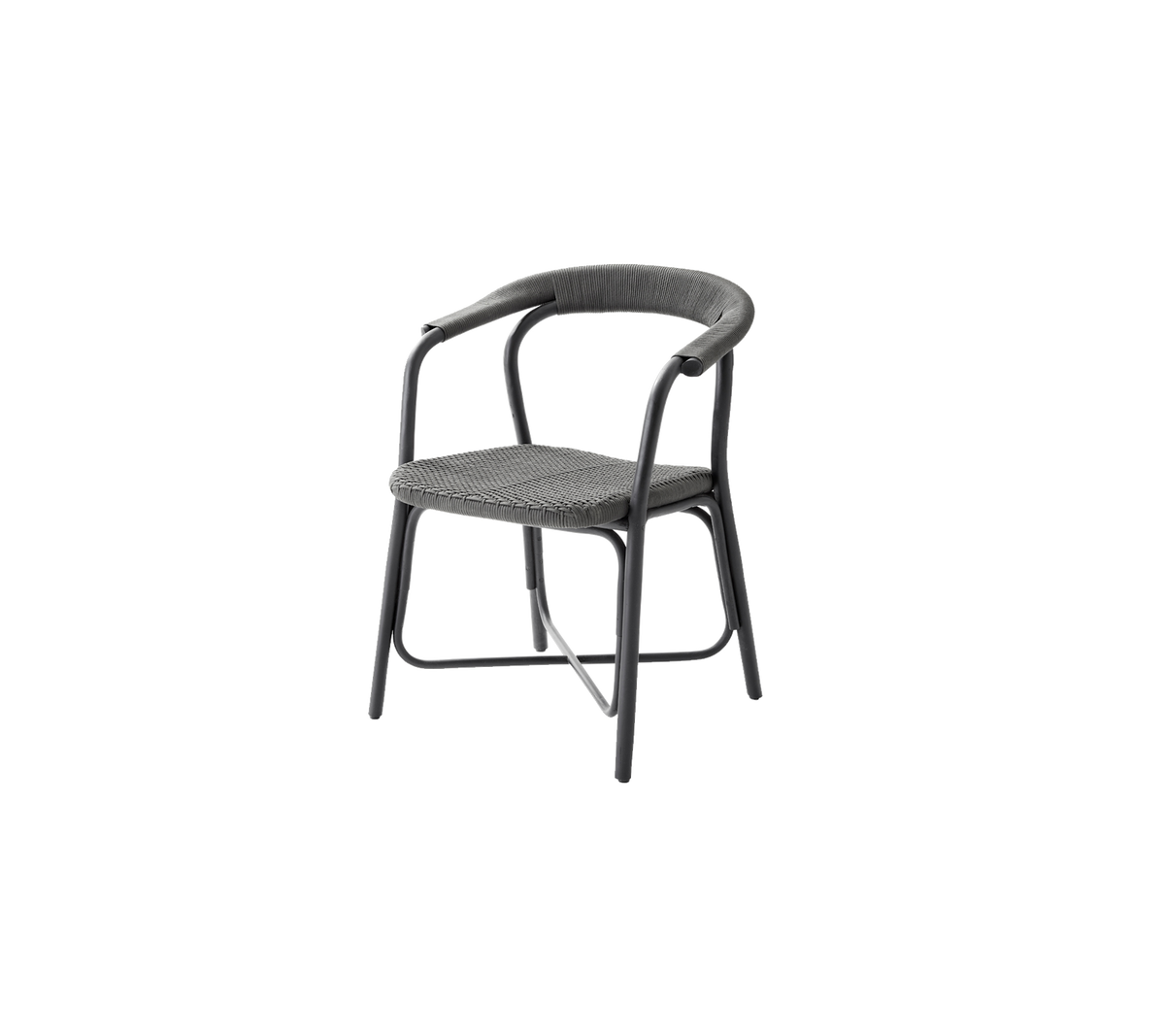 Silla elegante con respaldo curvado y reposabrazos, con un diseño de asiento trenzado y un marco resistente, perfecta para necesidades de asientos modernos.