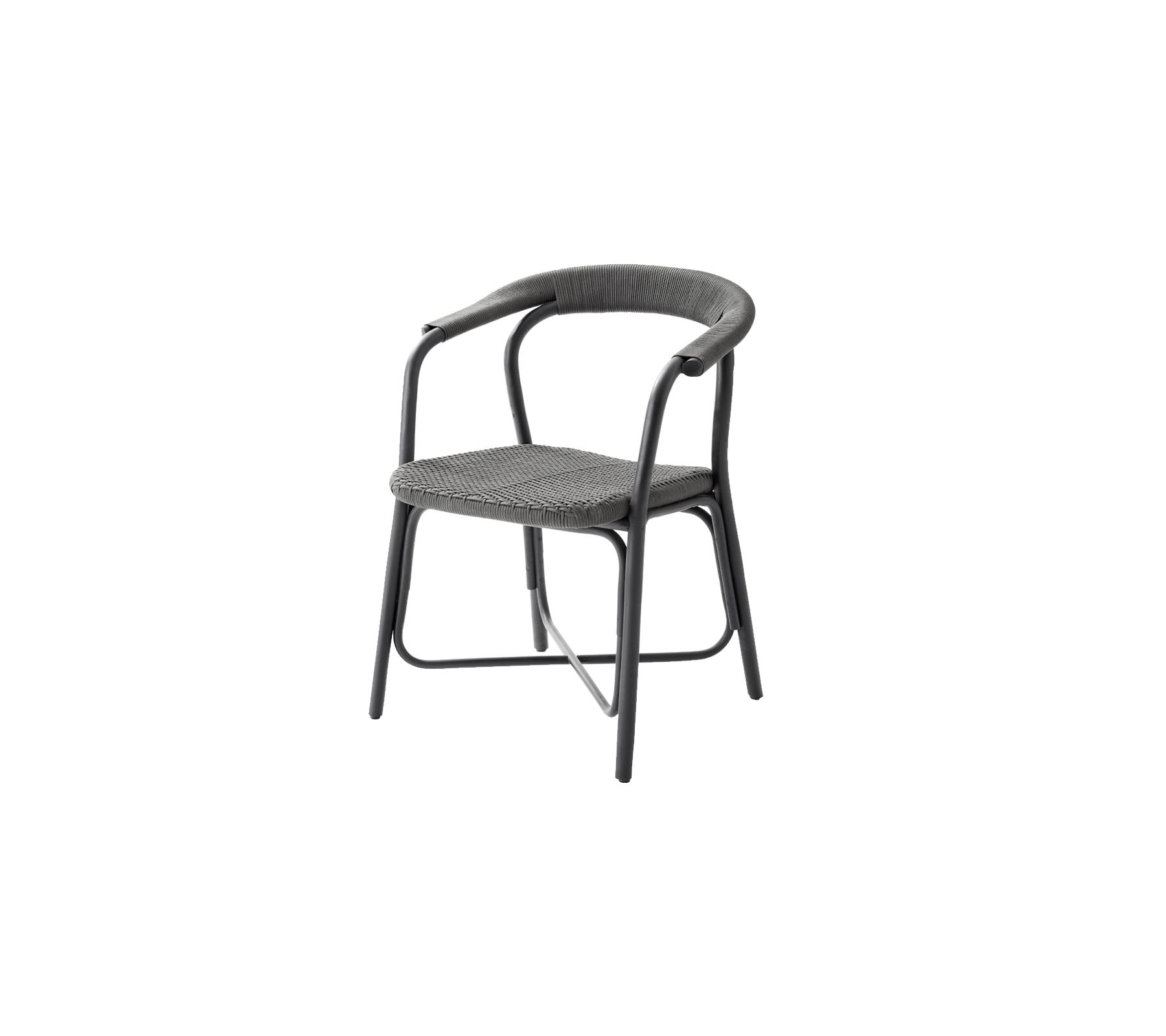 Silla elegante con respaldo curvado y reposabrazos, con un diseño de asiento trenzado y un marco resistente, perfecta para necesidades de asientos modernos.