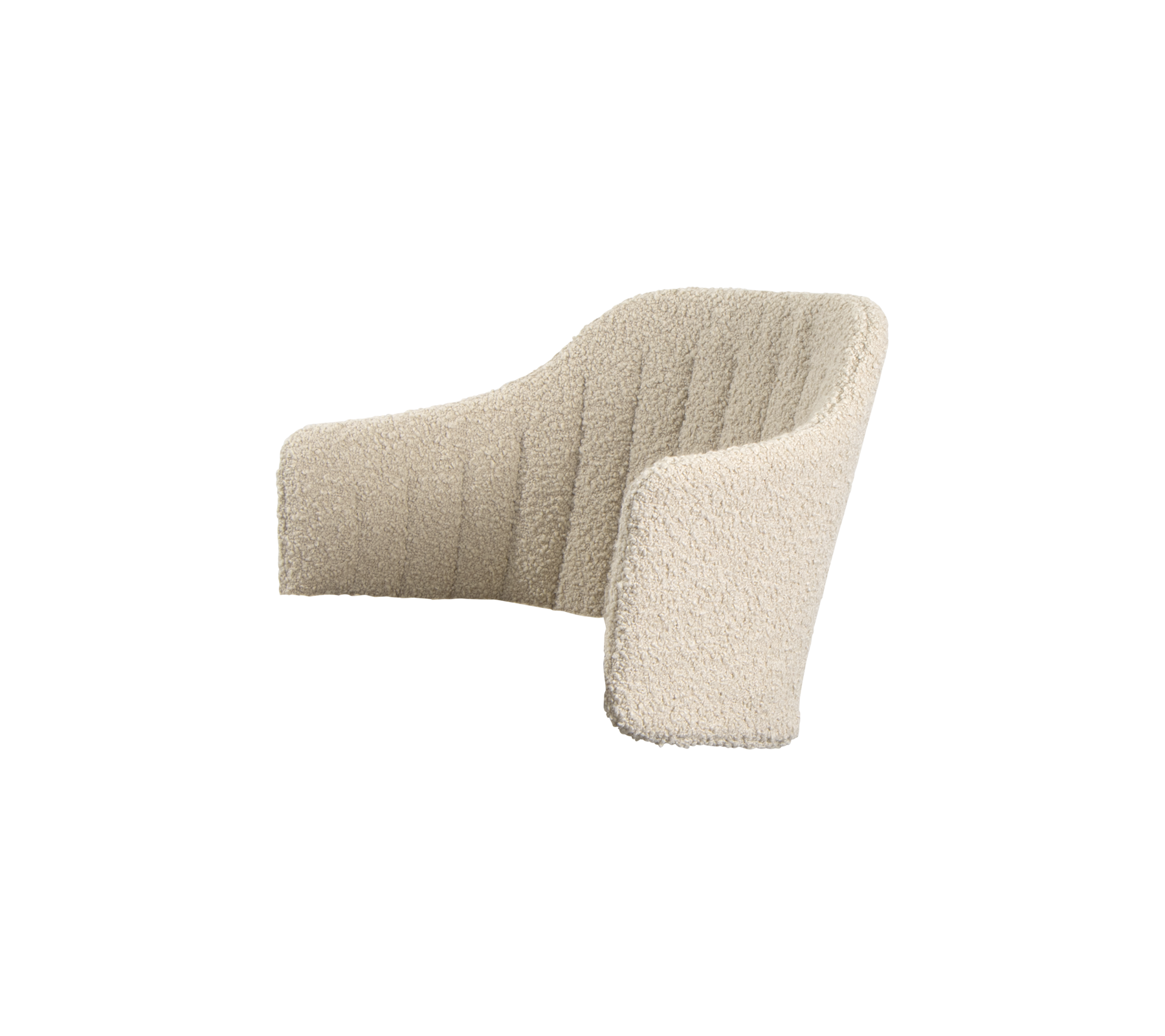 Sillón curvo tapizado en suave tela color crema con tufting vertical, diseñado para la comodidad y la estética moderna.