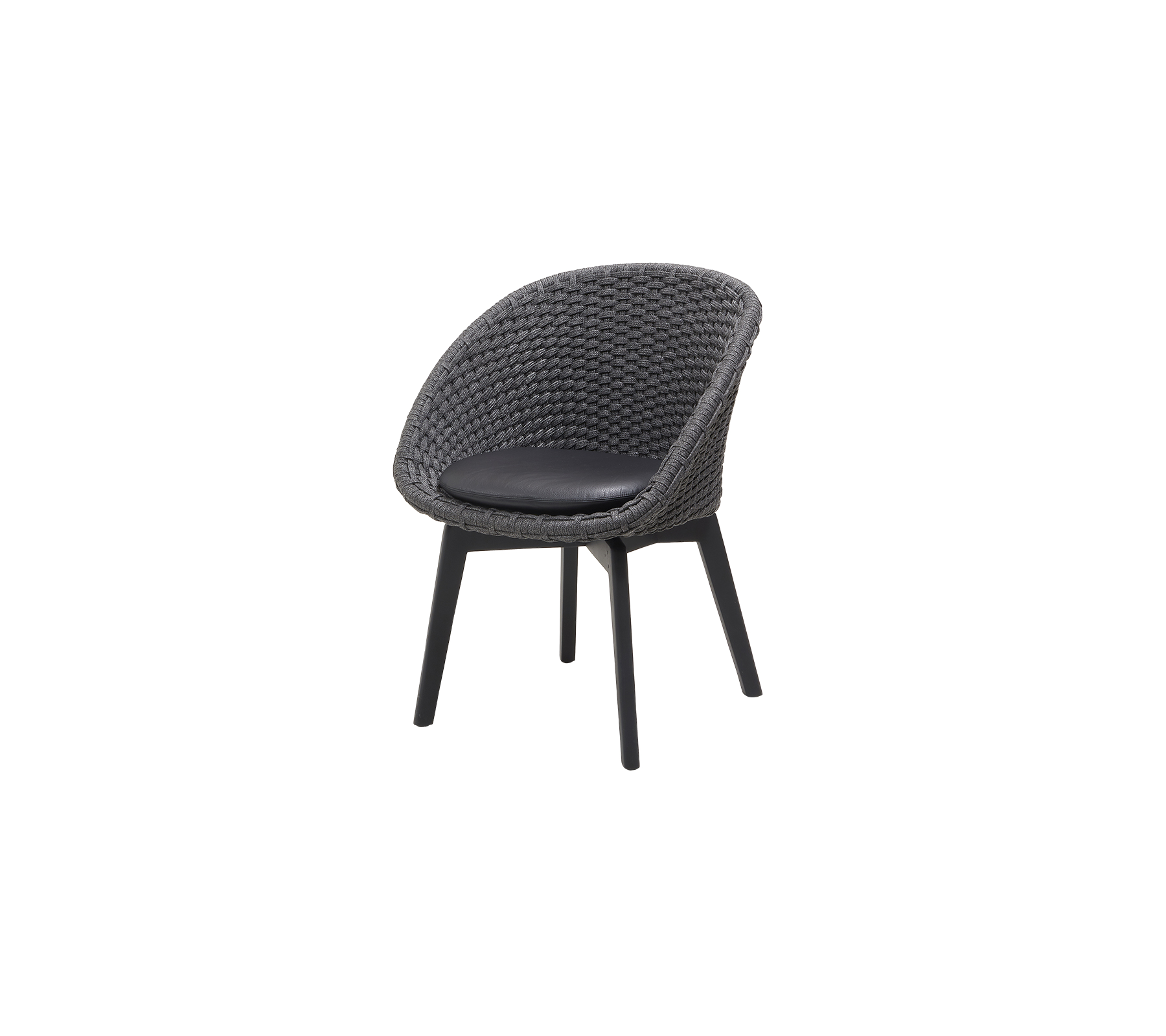 Silla elegante con un asiento redondeado tejido y una superficie acolchada negra, soportada por patas elegantes para un asiento moderno.