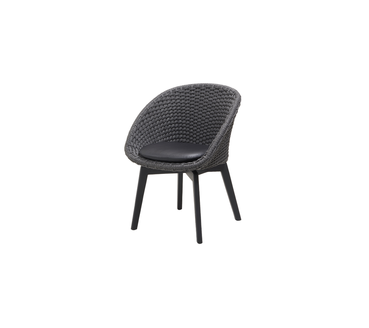Silla elegante con un asiento redondeado tejido y una superficie acolchada negra, soportada por patas elegantes para un asiento moderno.