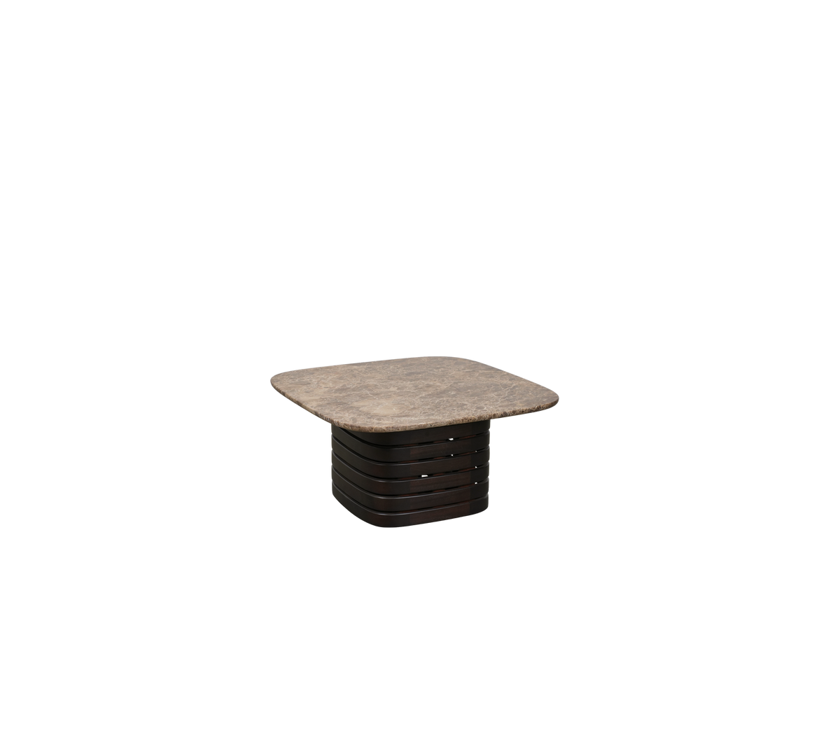 Mesa cuadrada de color marrón oscuro con una superficie Emperador.