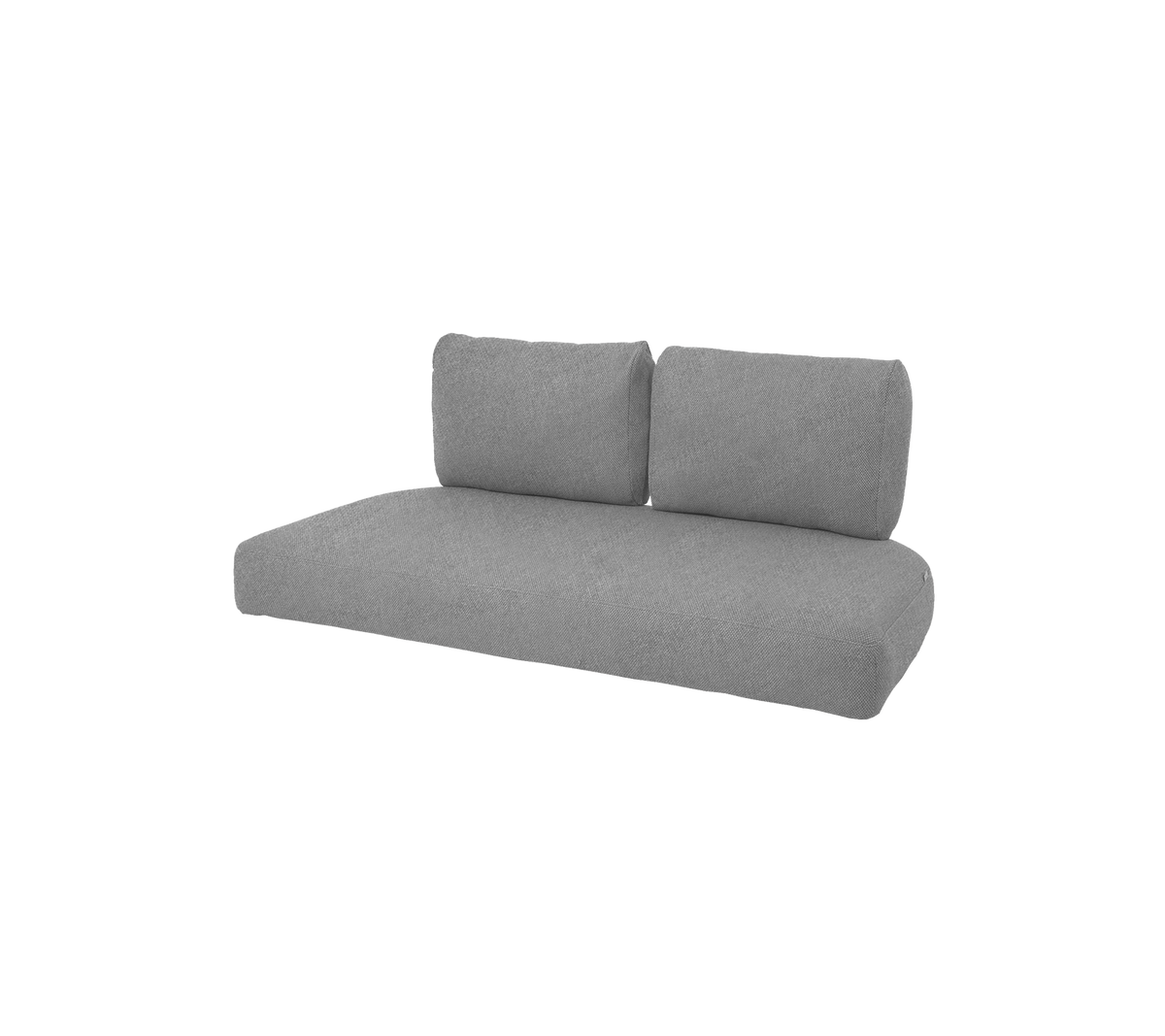 Un sofá gris moderno con dos cojines en la parte posterior, que presenta un diseño minimalista adecuado para varios espacios de vida.