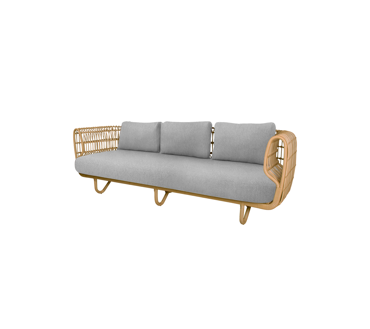Sofá elegante con un marco de madera natural y suaves cojines grises, perfecto para añadir comodidad y elegancia a cualquier espacio.