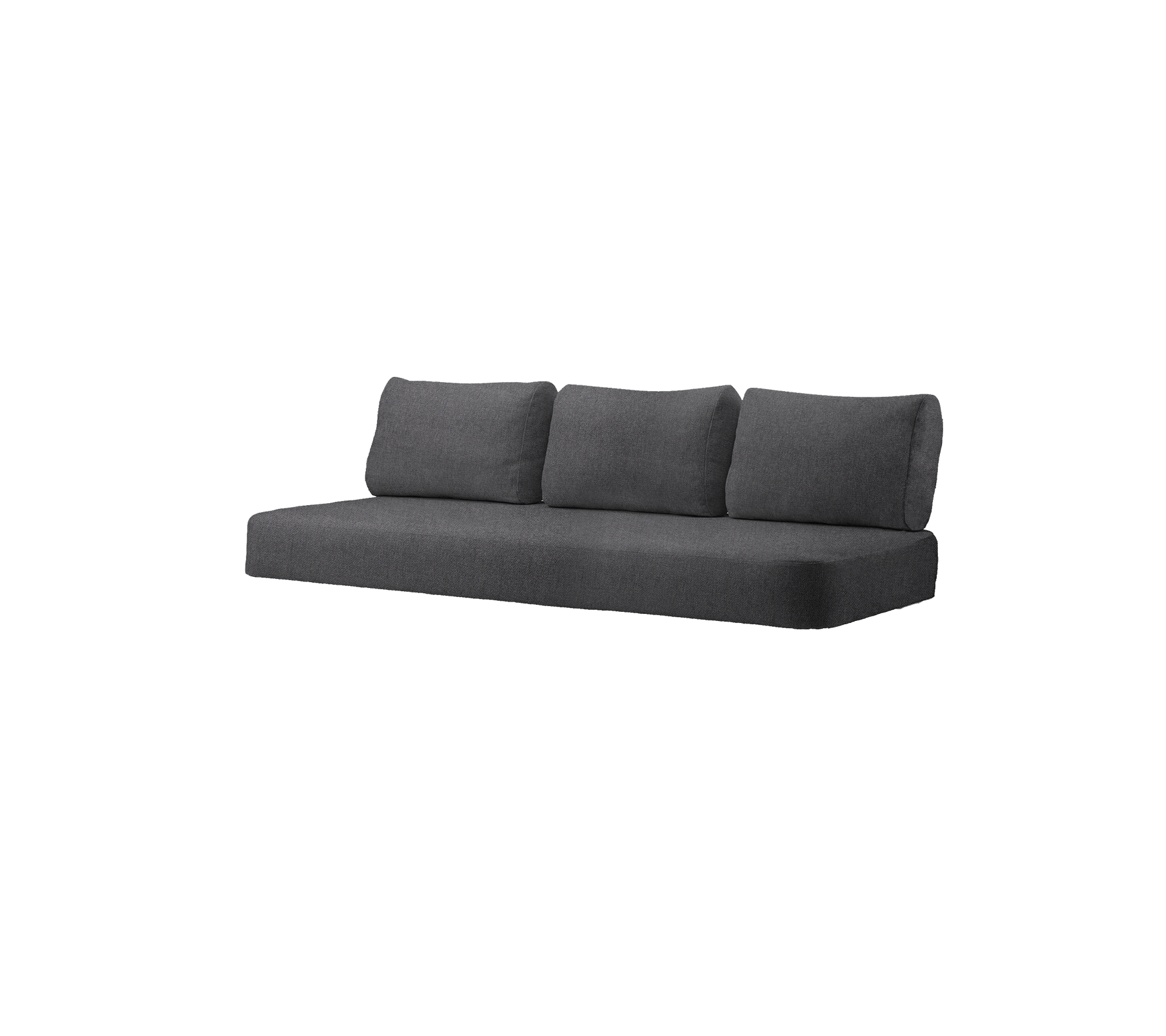 Sofá moderno gris oscuro con tres cojines, diseñado para espacios de vida contemporáneos. Comodidad y estilo combinados.