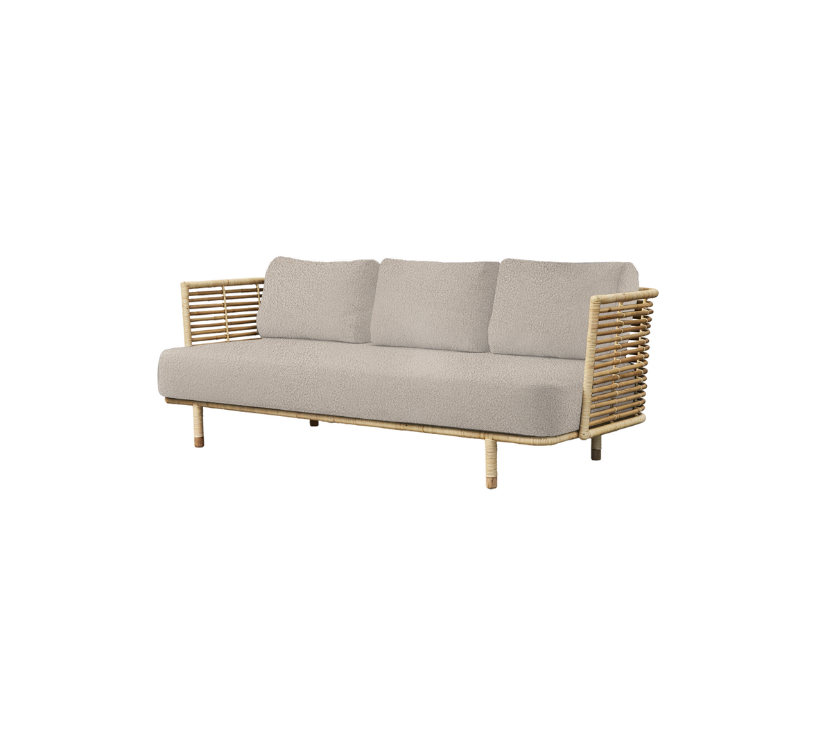 Sofá elegante con un cojín gris claro, acentos de madera natural y detalles distintivos en los brazos, perfecto para una decoración moderna.
