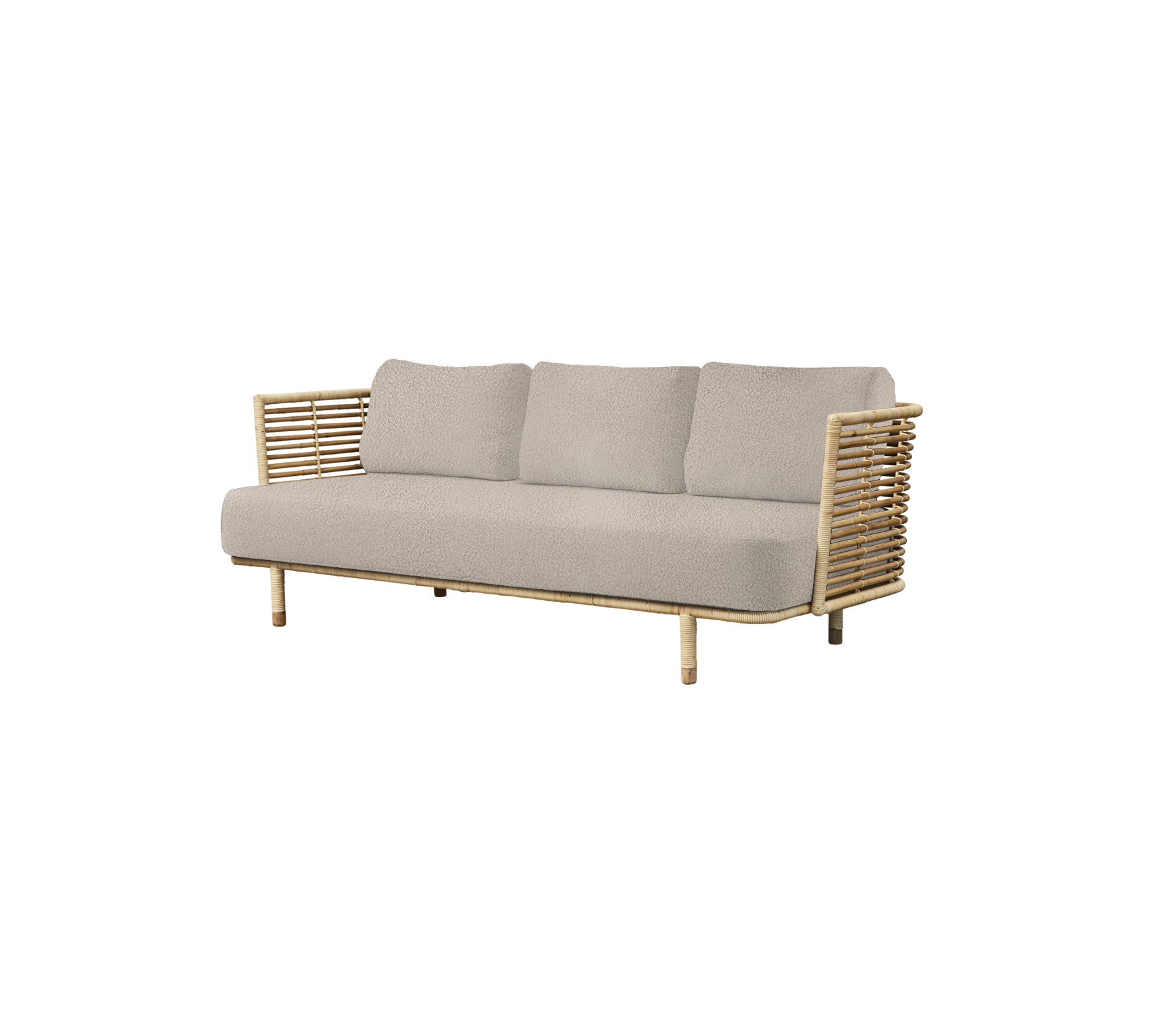 Sofá elegante con un cojín gris claro, acentos de madera natural y detalles distintivos en los brazos, perfecto para una decoración moderna.