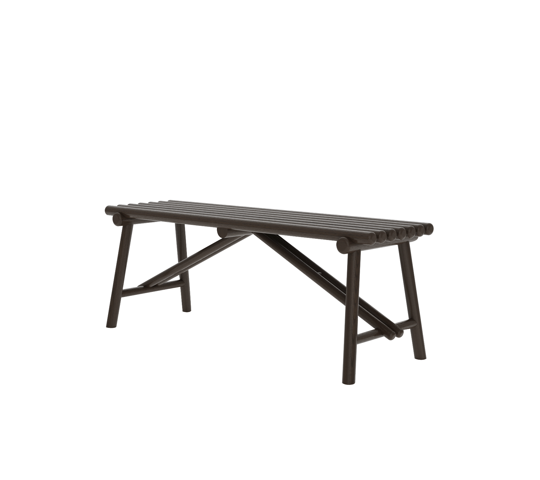 Un banco de madera simple, marrón oscuro, con un diseño robusto, que presenta una parte superior con listones y patas en ángulo.