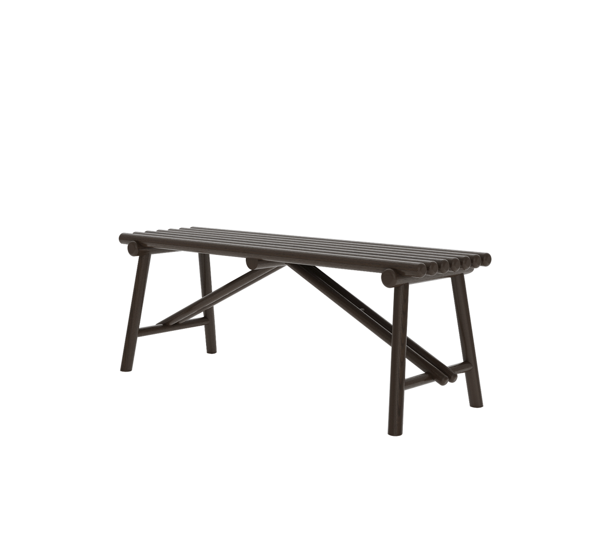 Un banco de madera simple, marrón oscuro, con un diseño robusto, que presenta una parte superior con listones y patas en ángulo.