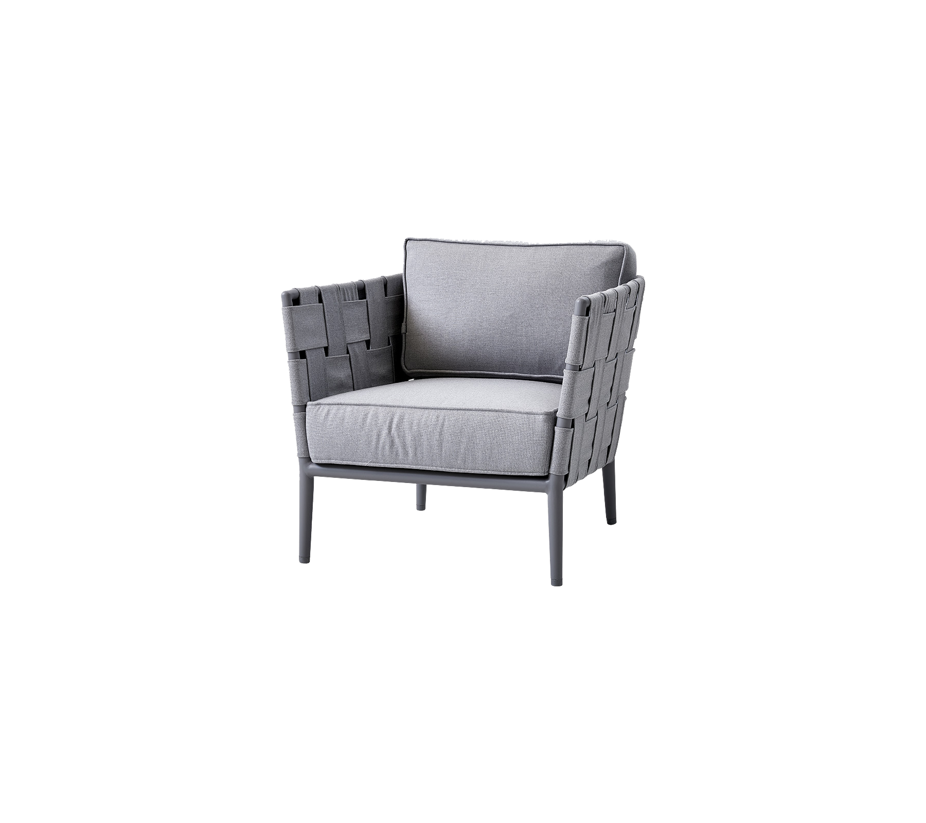 Sillón gris elegante con detalles tejidos y suaves cojines, diseñado para la comodidad y la estética moderna. Perfecto para cualquier ambiente.