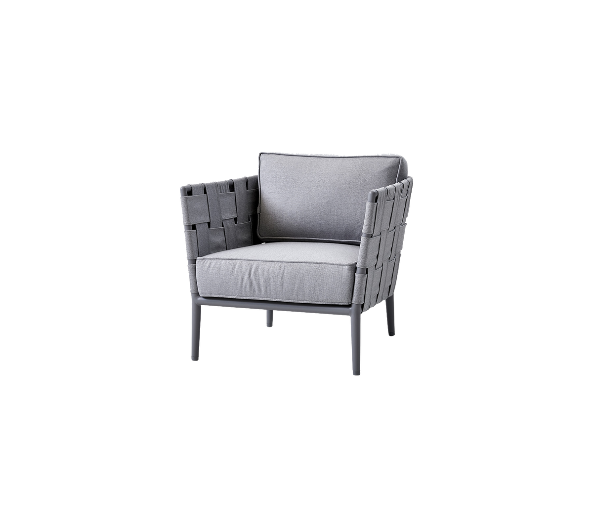 Sillón gris elegante con detalles tejidos y suaves cojines, diseñado para la comodidad y la estética moderna. Perfecto para cualquier ambiente.
