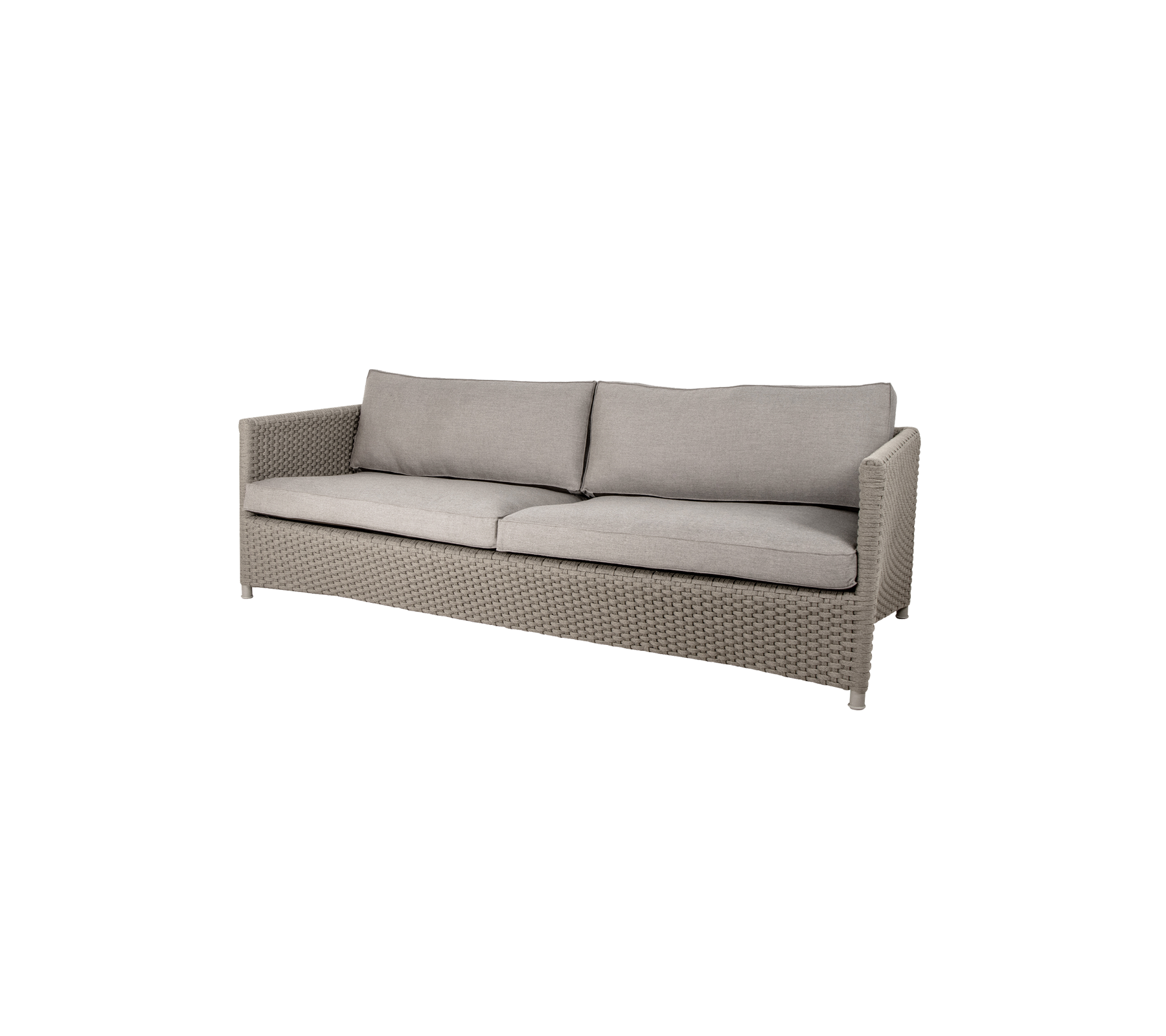 Sofá elegante y moderno con un cojín gris claro y textura tejida, que ofrece asientos cómodos para varias personas.