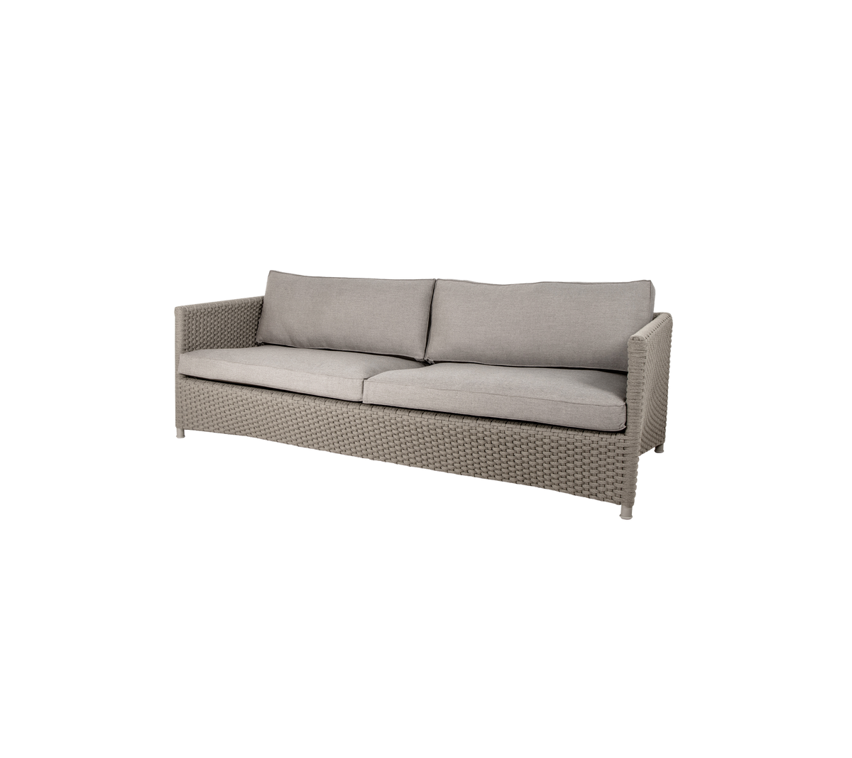 Sofá elegante y moderno con un cojín gris claro y textura tejida, que ofrece asientos cómodos para varias personas.
