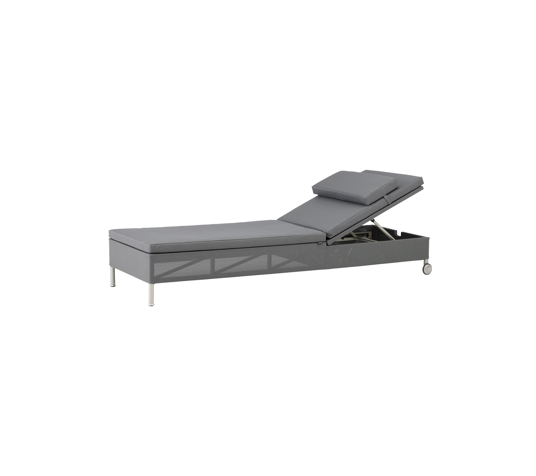 Chaise gris ajustable con respaldo reclinable y almacenamiento incorporado, con un diseño elegante y patas metálicas.