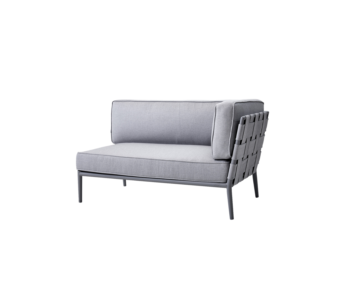 Sillón lounge moderno en gris con un diseño elegante y respaldo tejido, perfecto para asientos con estilo en diversos entornos.