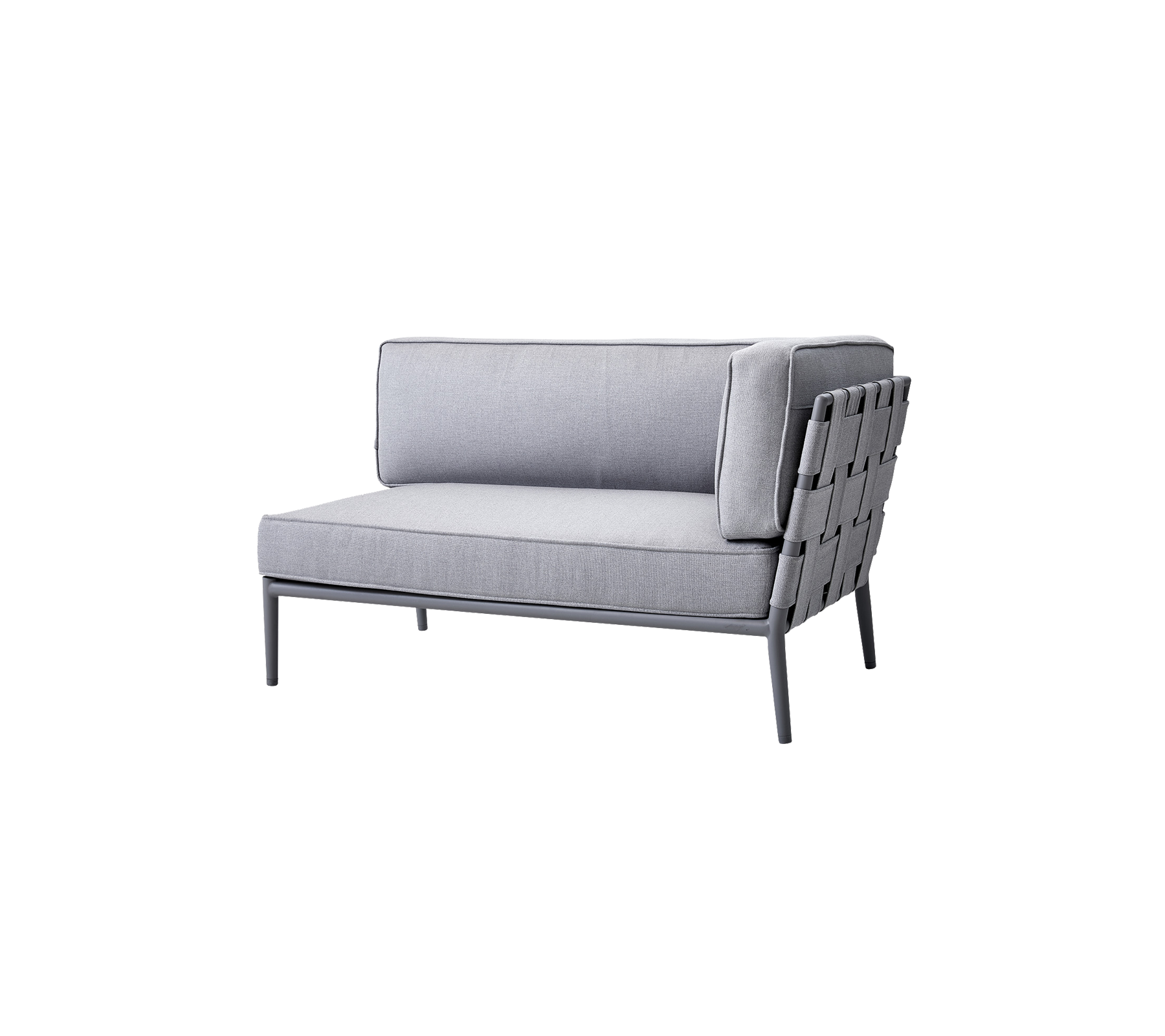 Sillón lounge moderno en gris con un diseño elegante y respaldo tejido, perfecto para asientos con estilo en diversos entornos.