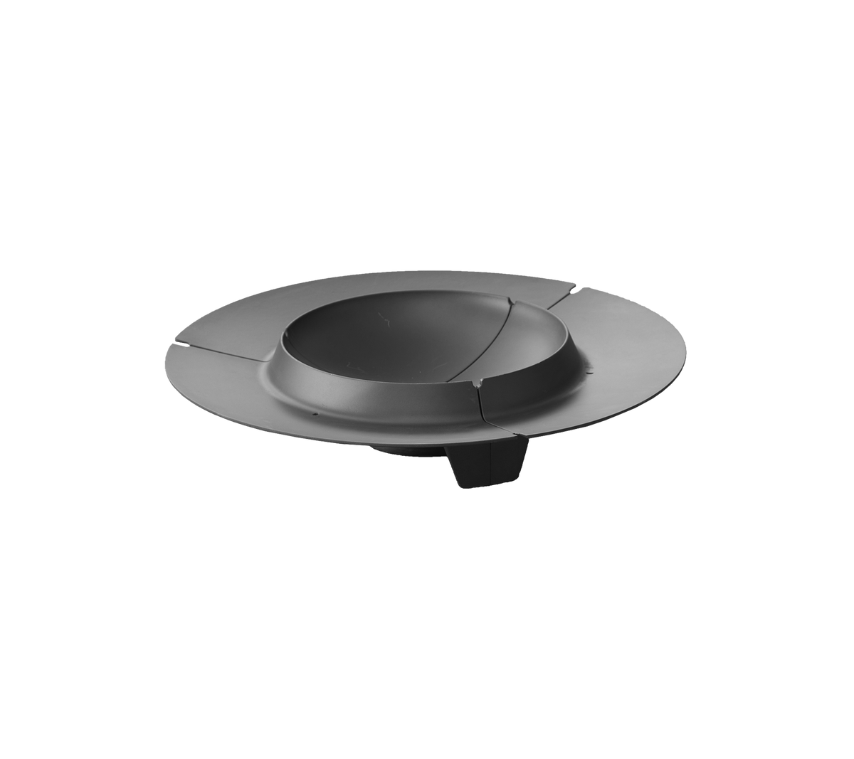 Un dispositivo negro, circular y elegante con una sección cóncava central y tres segmentos extendidos alrededor del borde.