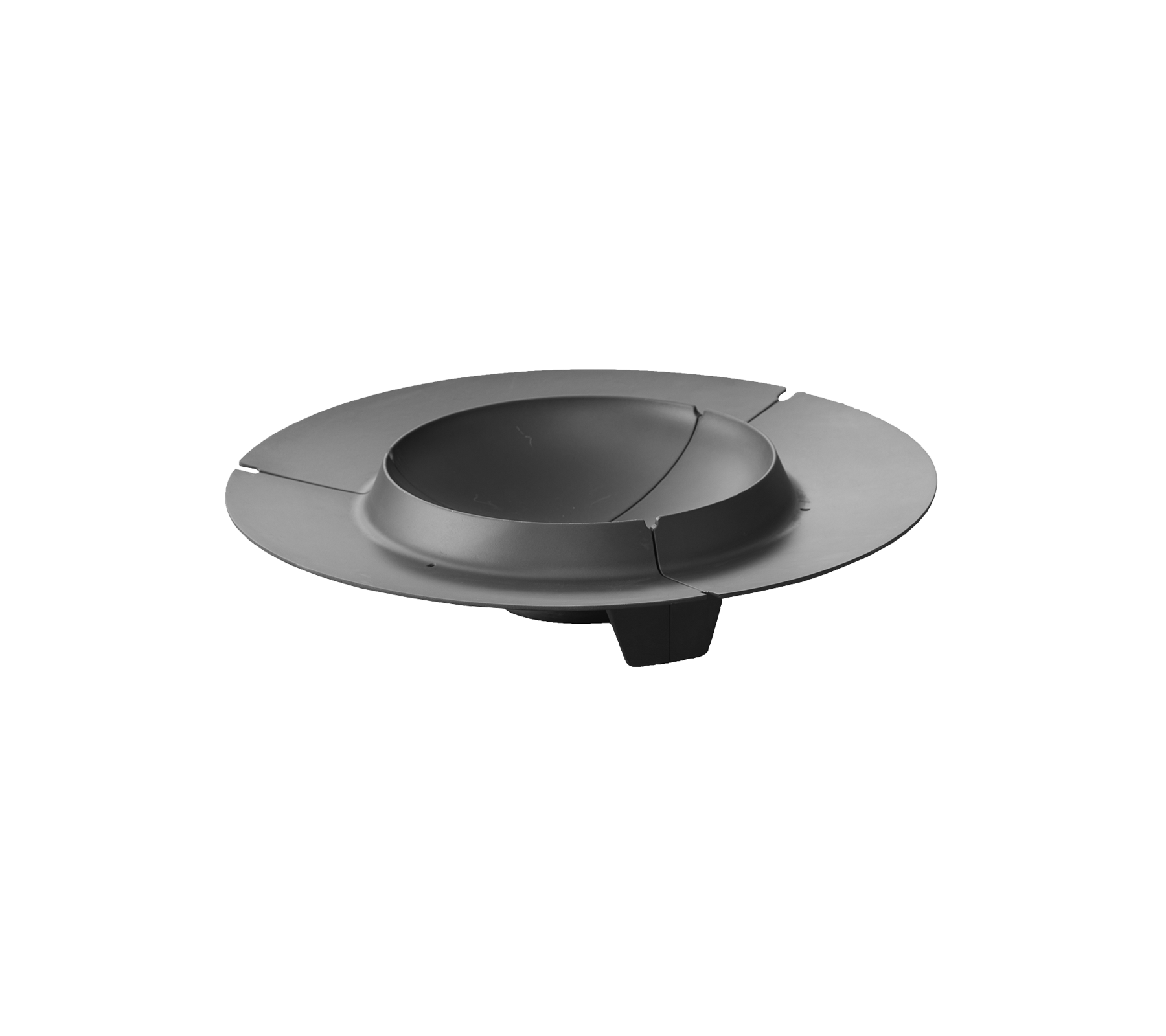 Un dispositivo negro, circular y elegante con una sección cóncava central y tres segmentos extendidos alrededor del borde.