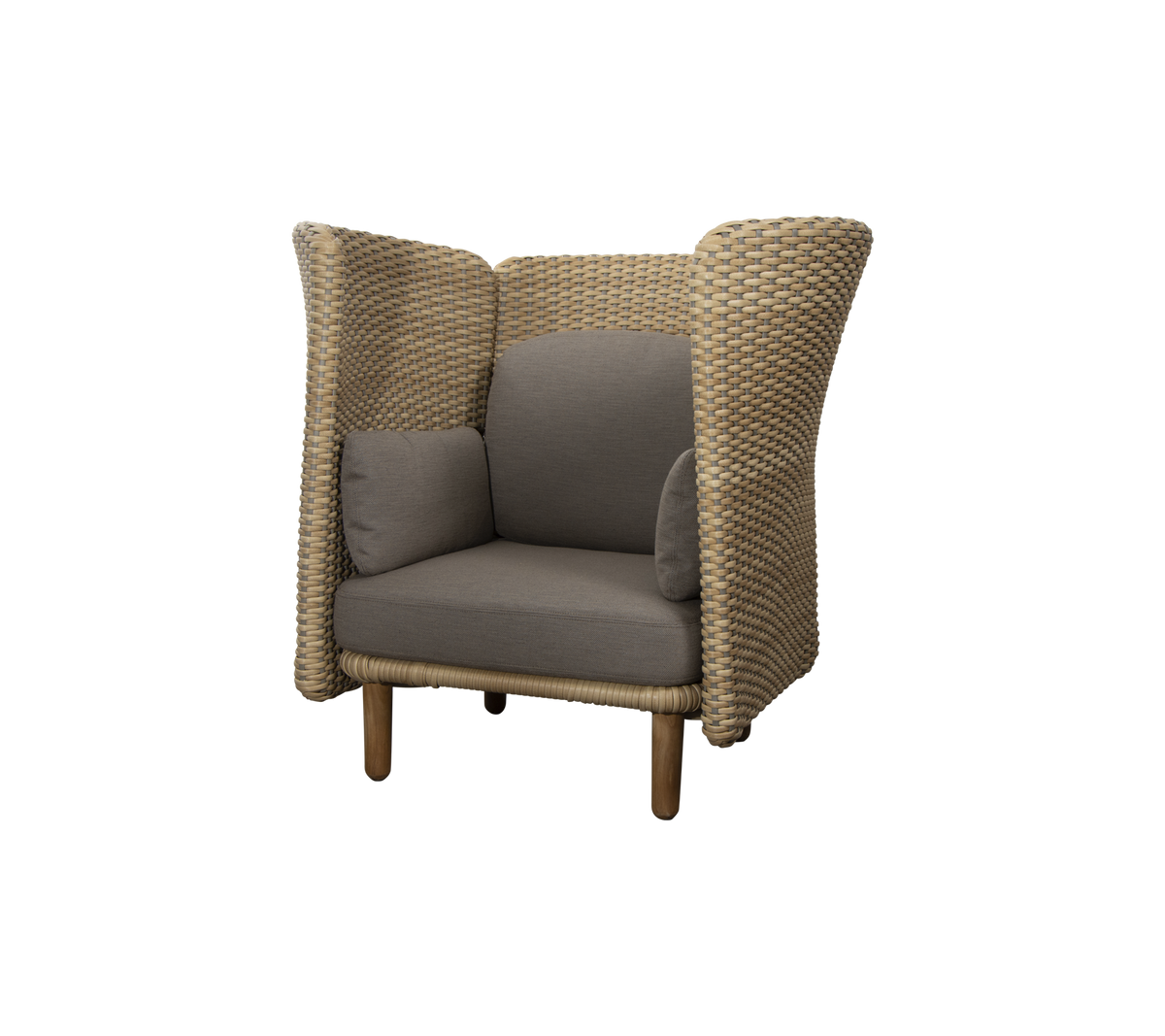Sillón elegante con un diseño tejido y suaves cojines grises, con laterales altos que aportan comodidad y privacidad.