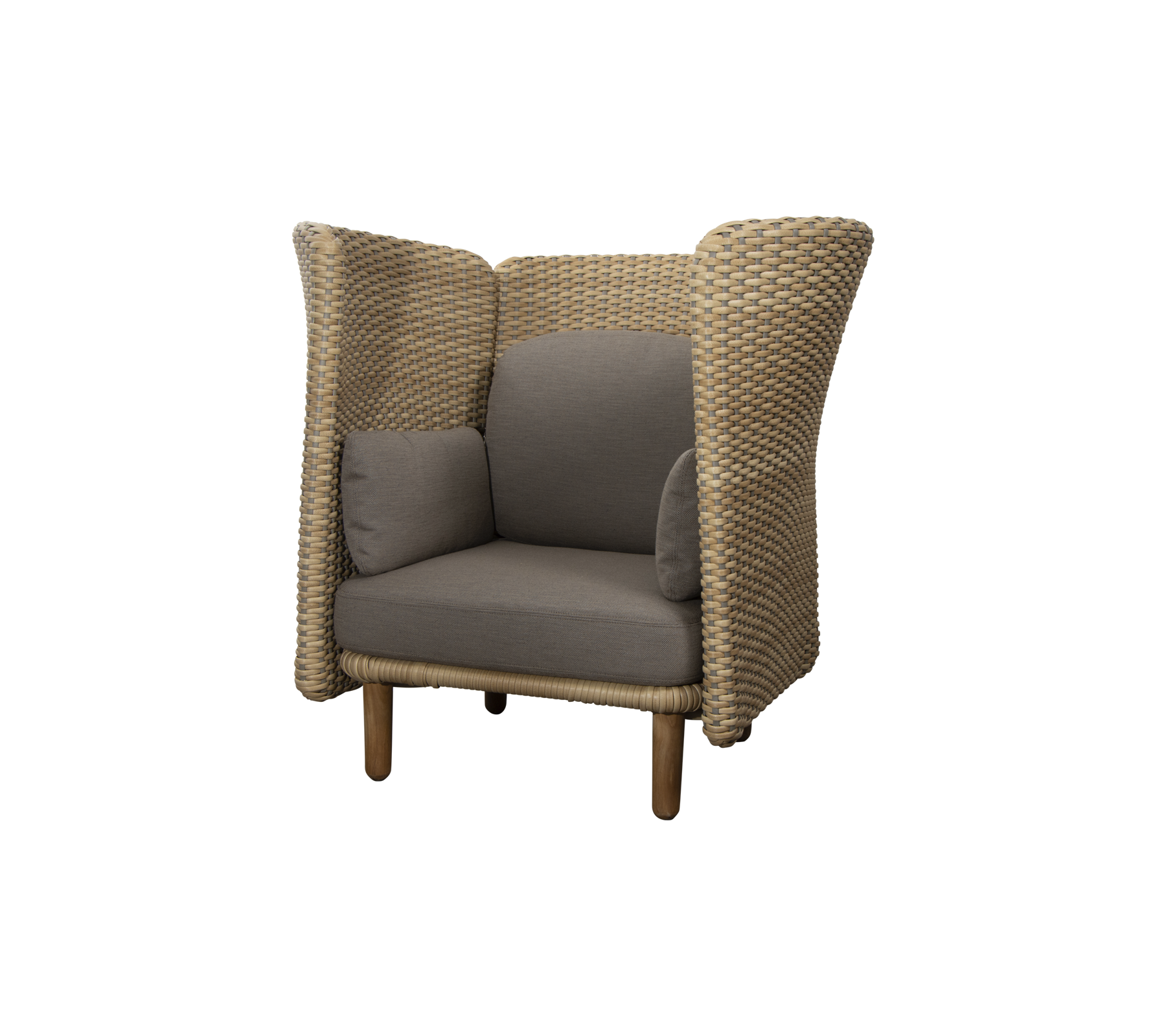 Sillón elegante con un diseño tejido y suaves cojines grises, con laterales altos que aportan comodidad y privacidad.