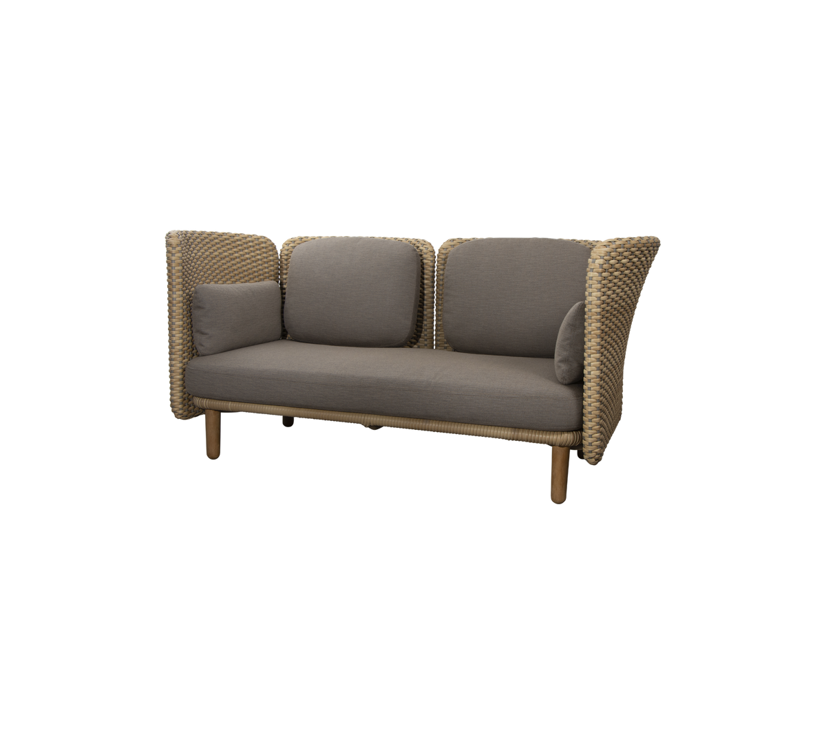 Sofá cómodo con un diseño tejido, con suaves cojines grises y paneles laterales de soporte. Ideal para áreas de descanso modernas.