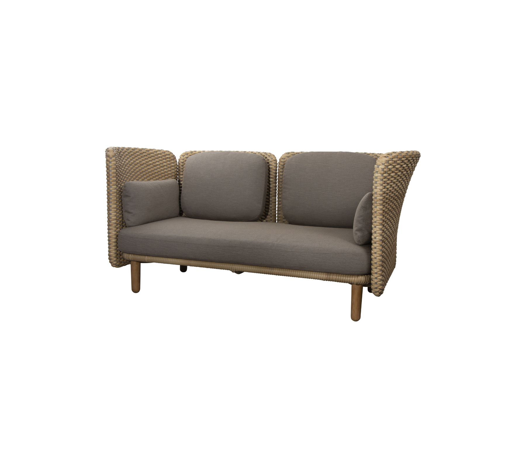 Sofá cómodo con un diseño tejido, con suaves cojines grises y paneles laterales de soporte. Ideal para áreas de descanso modernas.