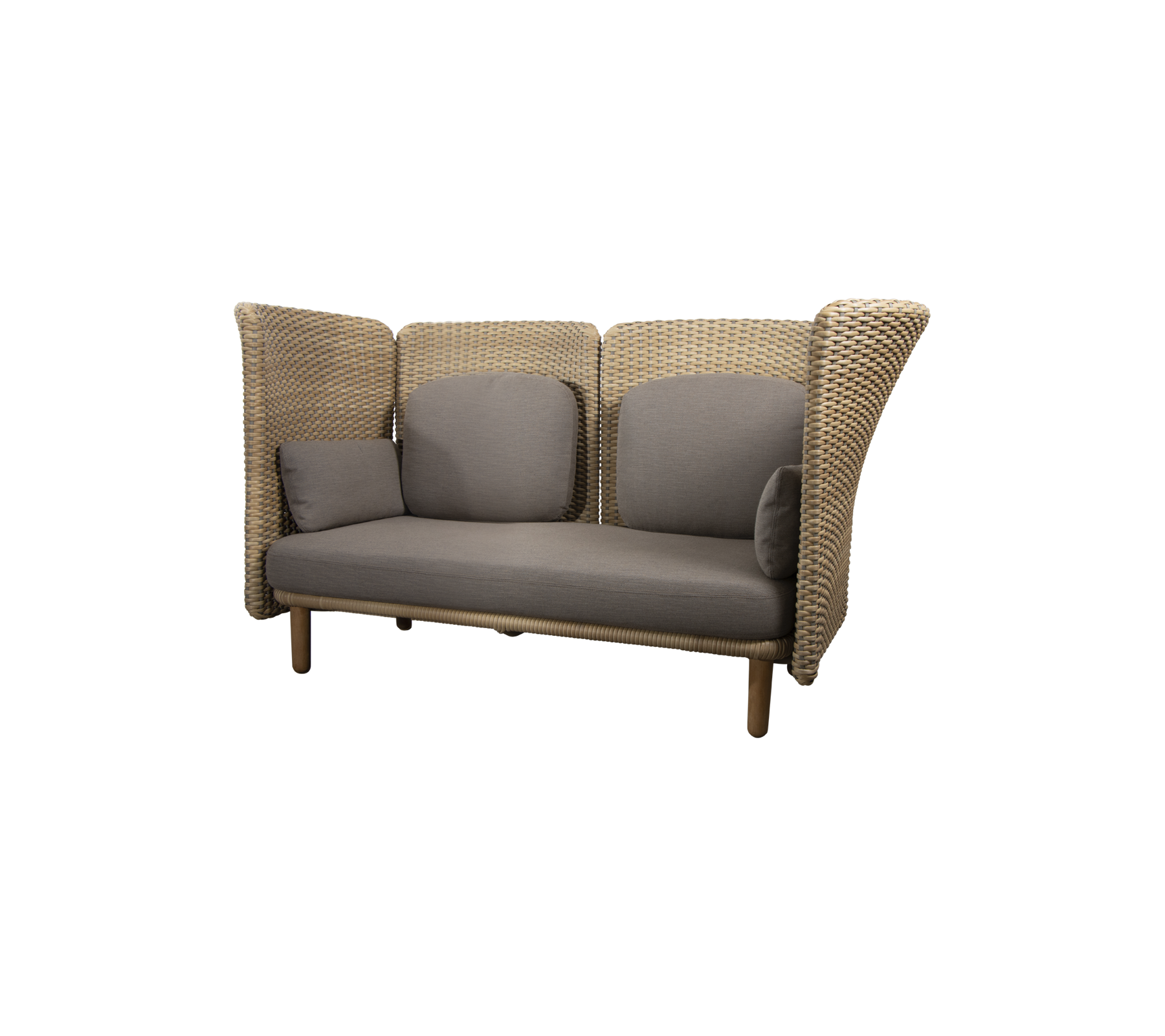 Sofá lounge elegante con lados trenzados y cómodos cojines grises, diseñado para la comodidad y un atractivo estético moderno.