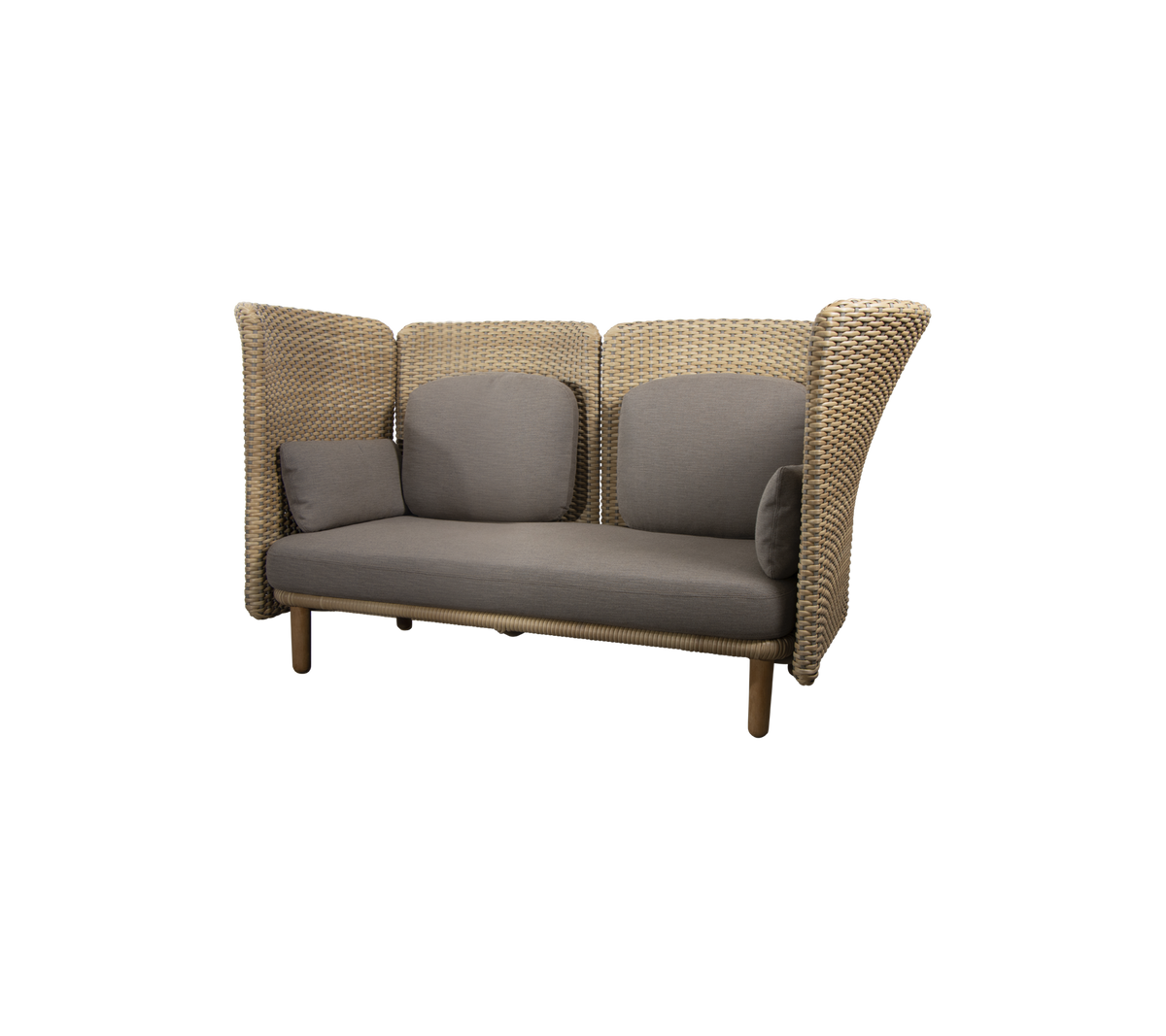 Sofá lounge elegante con lados trenzados y cómodos cojines grises, diseñado para la comodidad y un atractivo estético moderno.
